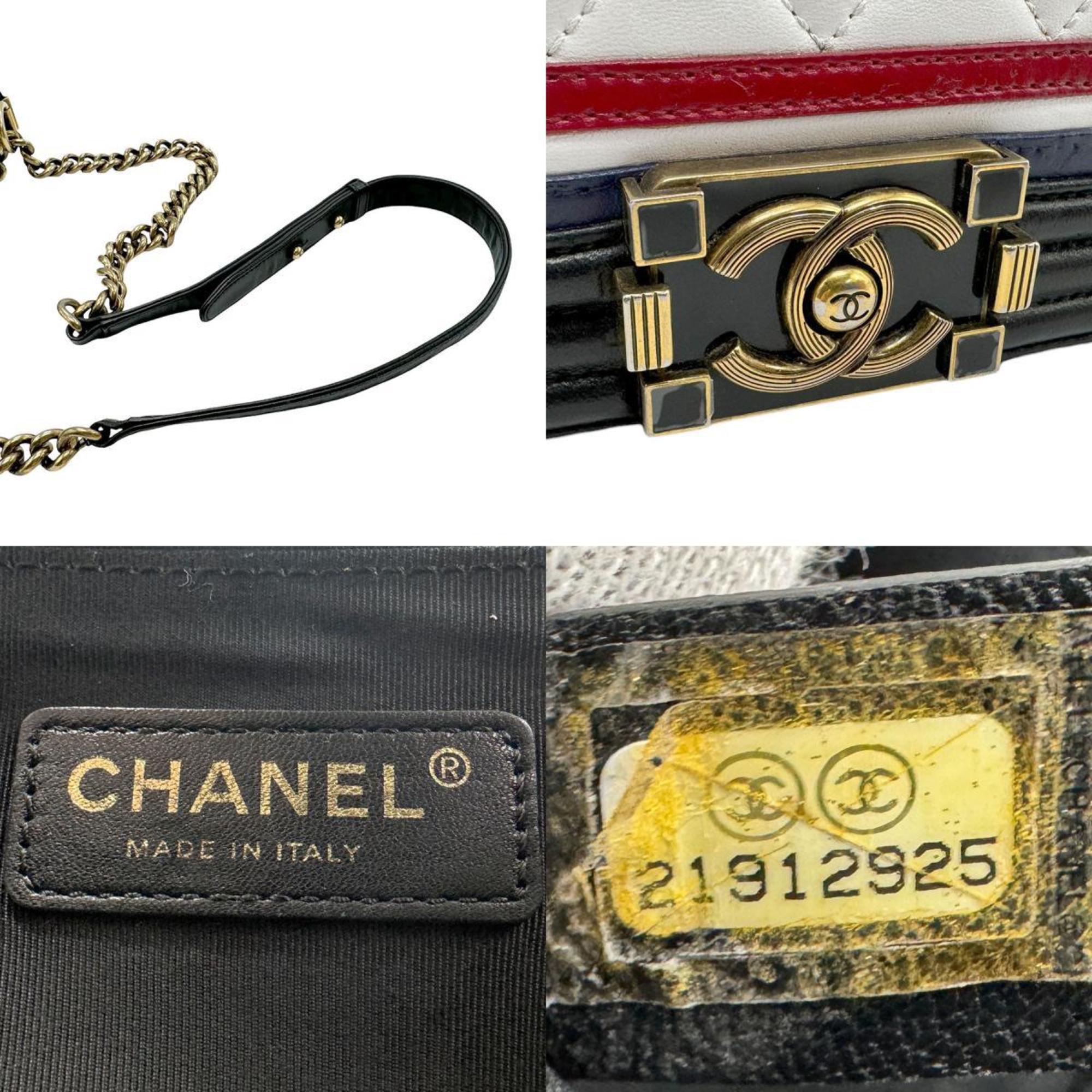 CHANEL Shoulder Bag Boy Chanel Leather White Black Gold Women's z2272