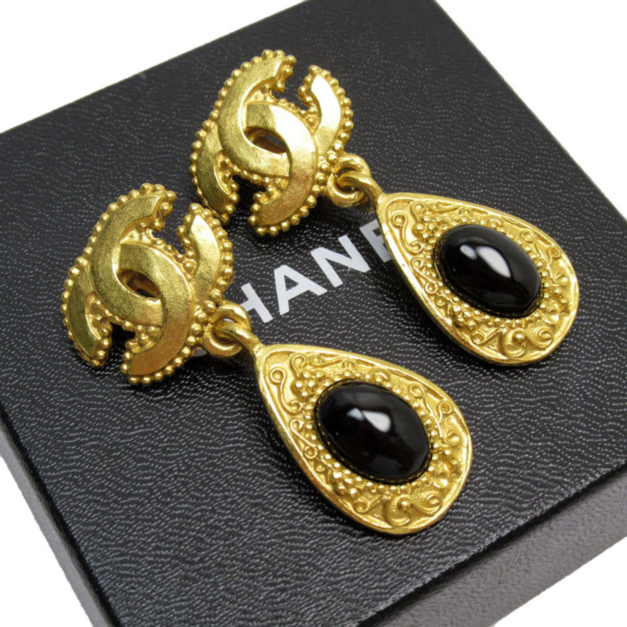 CHANEL Earrings Coco Mark Metal Stone Gold Black Women's w0684a