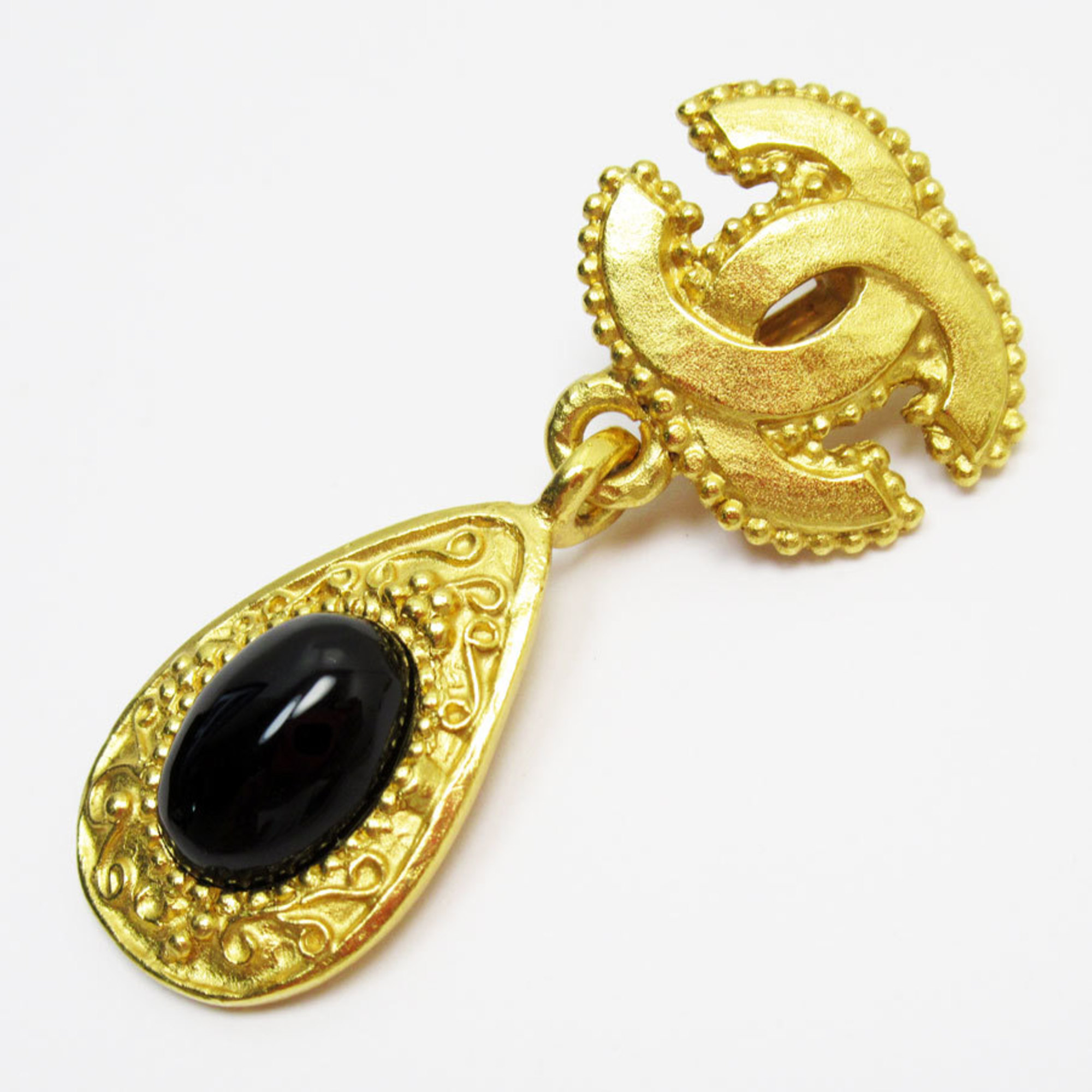 CHANEL Earrings Coco Mark Metal Stone Gold Black Women's w0684a