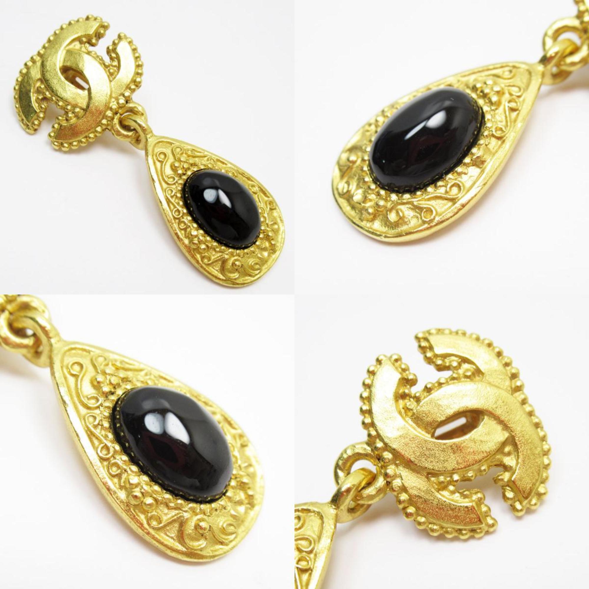 CHANEL Earrings Coco Mark Metal Stone Gold Black Women's w0684a