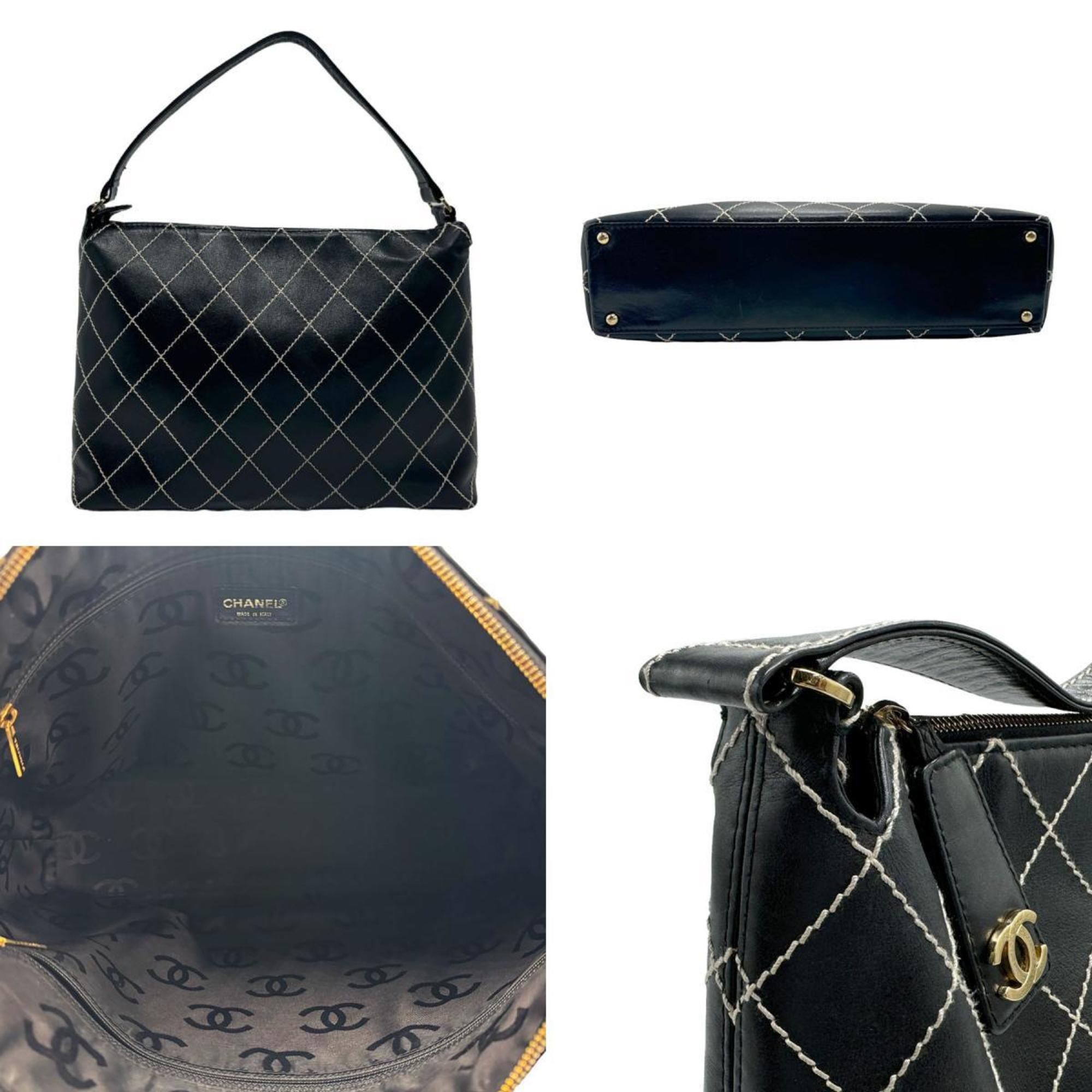 CHANEL Shoulder Bag Wild Stitch Leather Black Women's n0309