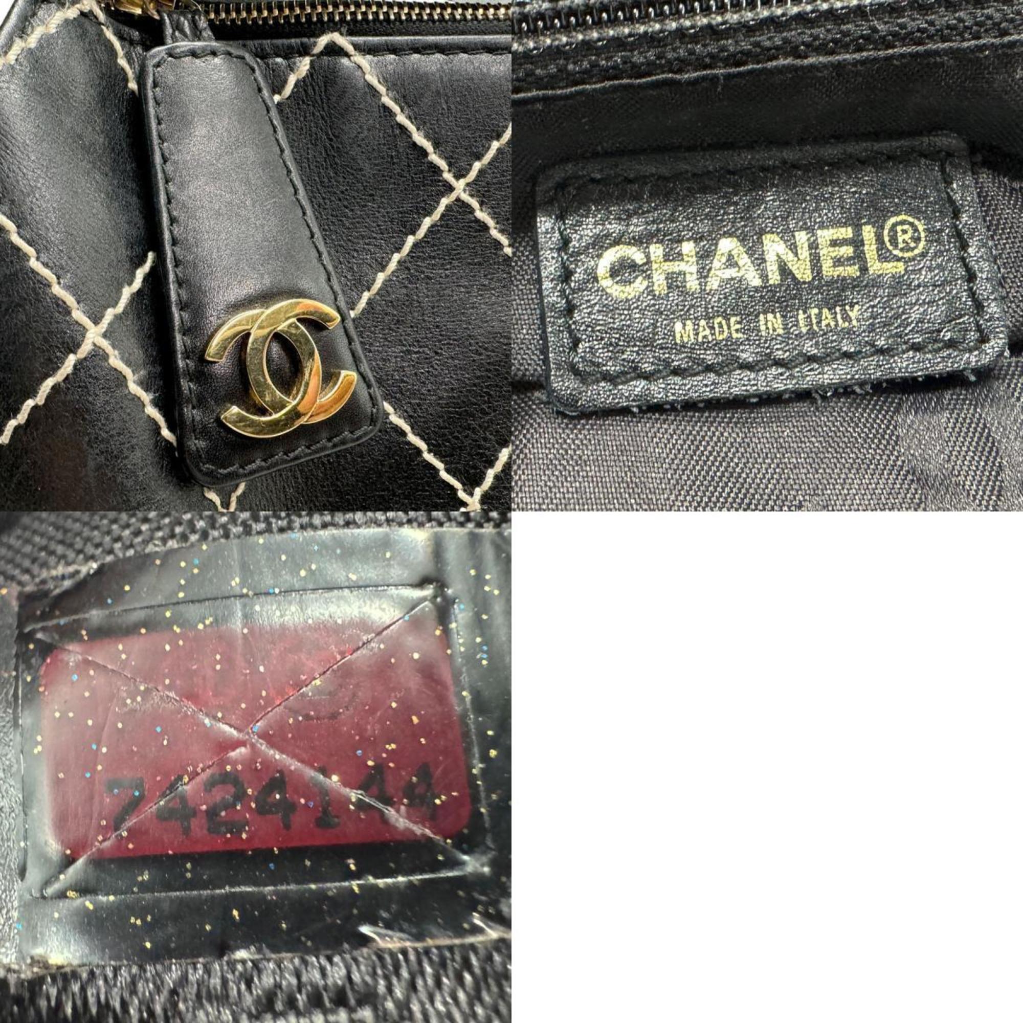 CHANEL Shoulder Bag Wild Stitch Leather Black Women's n0309