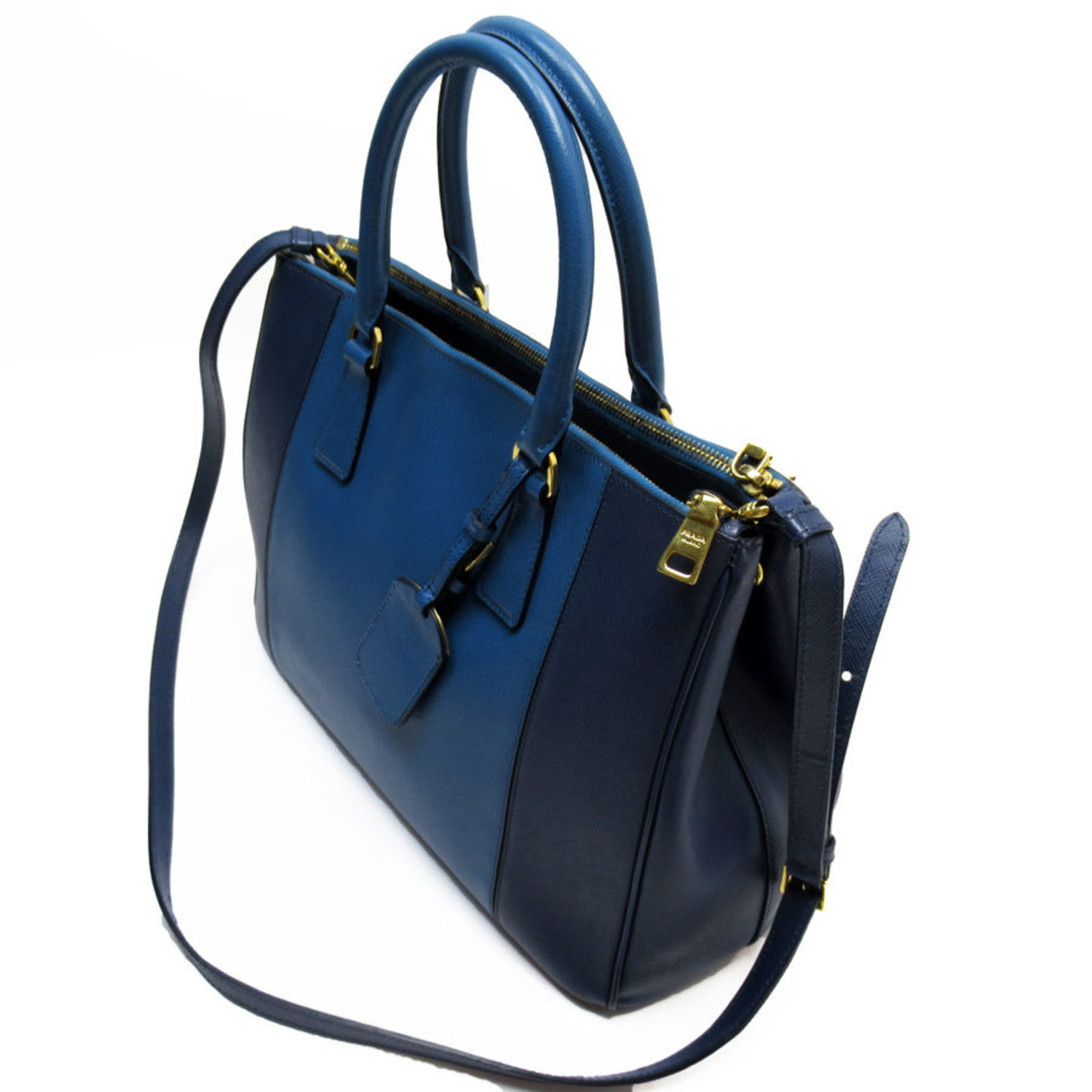 PRADA handbag shoulder bag leather blue navy gold ladies w0721a