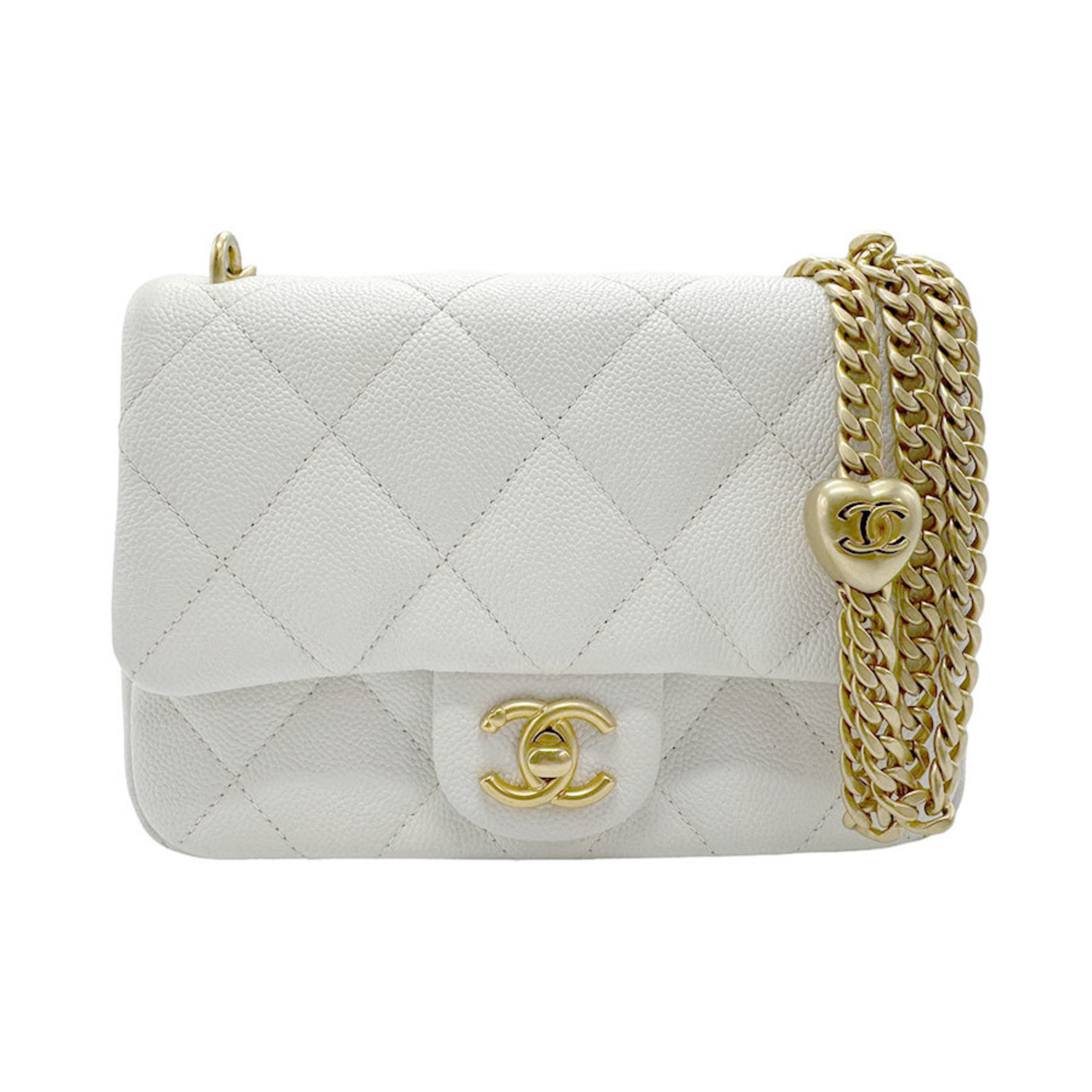 CHANEL Shoulder Bag Caviar Skin Leather White Gold Women's z2263