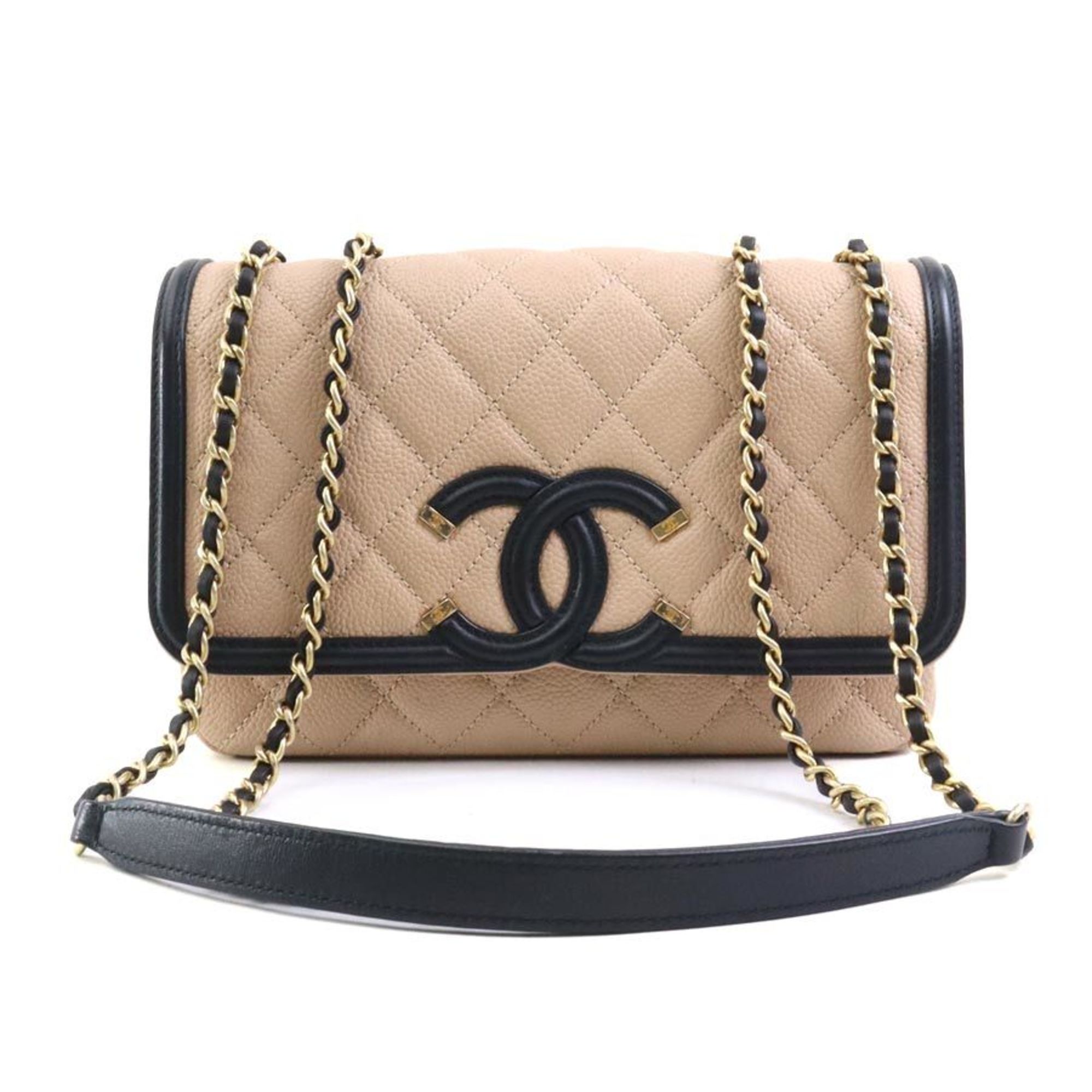 CHANEL Shoulder Bag Matelasse Caviar Skin Leather Beige Black Gold Women's e59097a