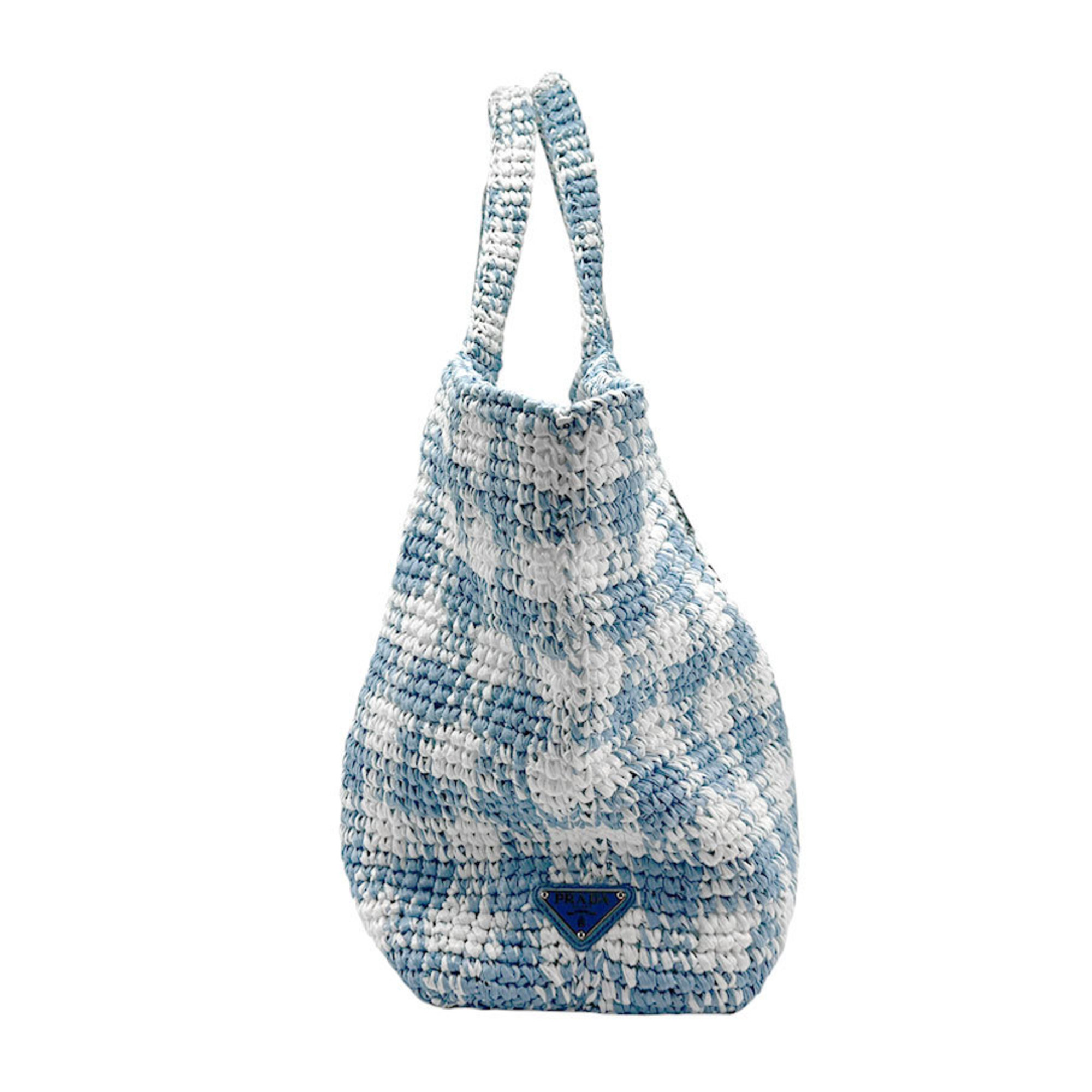 PRADA Handbag Crochet Tote Bag Raffia-like Thread Blue White Women's z2268