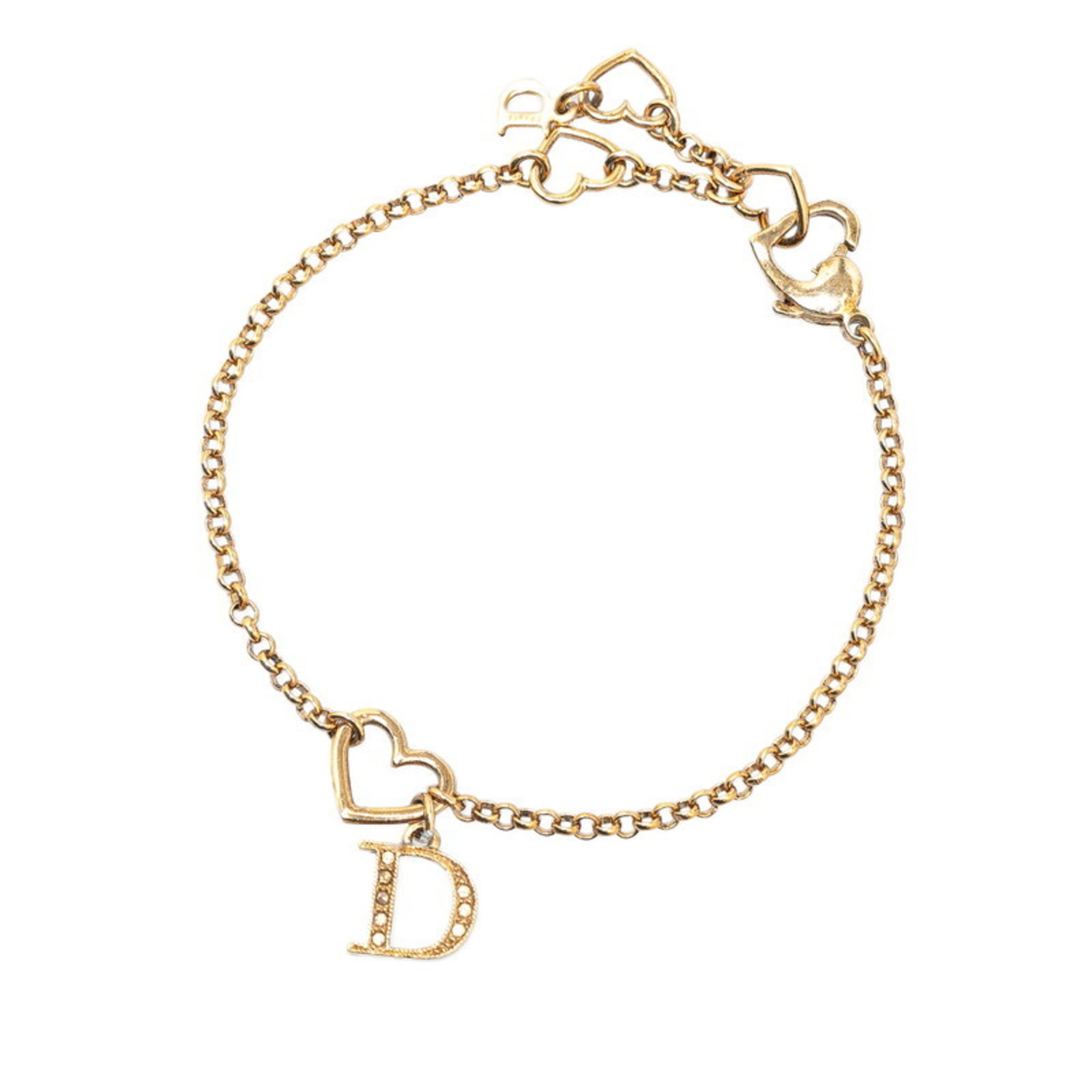 Christian Dior Dior D Rhinestone Heart Motif Bracelet Gold Plated Women's