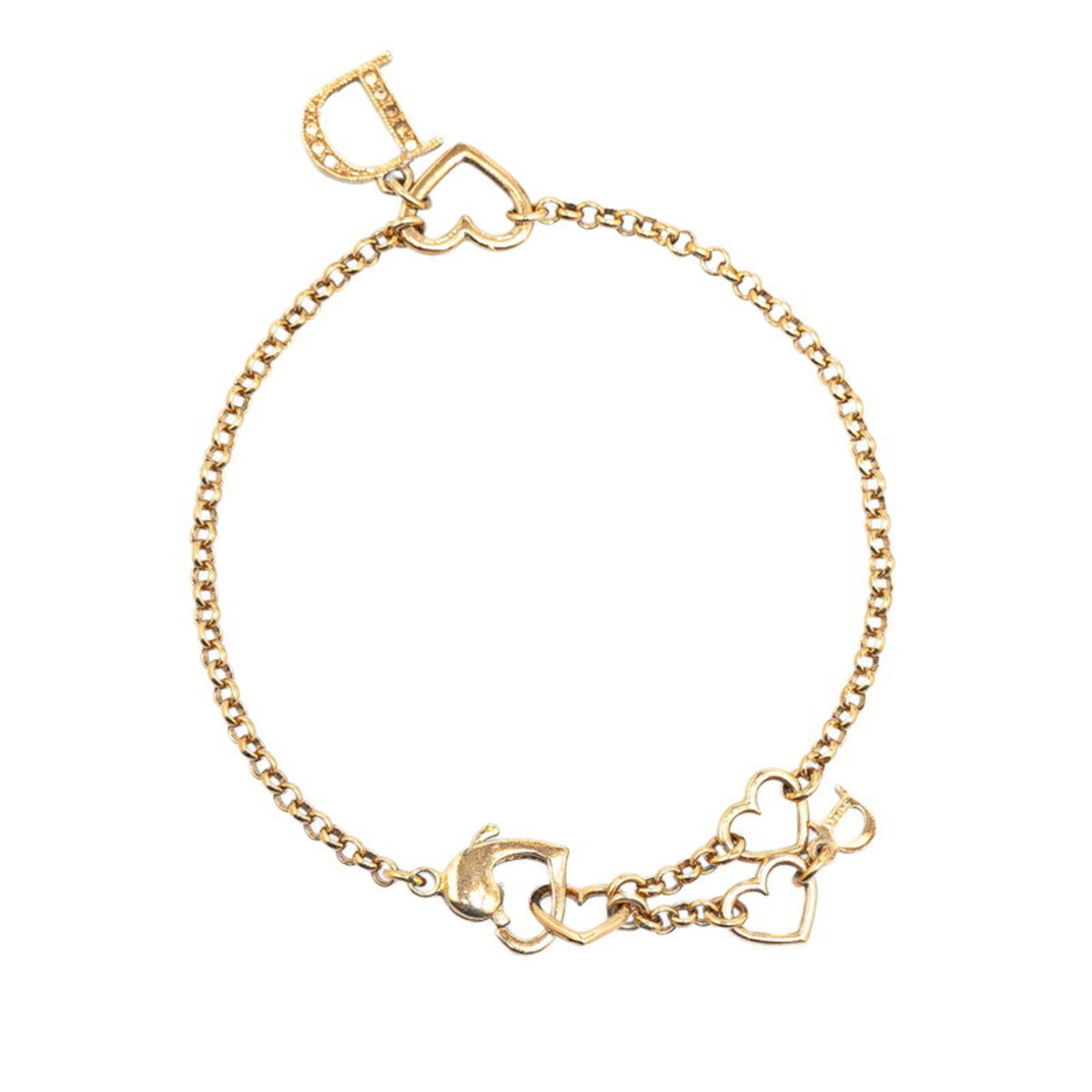 Christian Dior Dior D Rhinestone Heart Motif Bracelet Gold Plated Women's