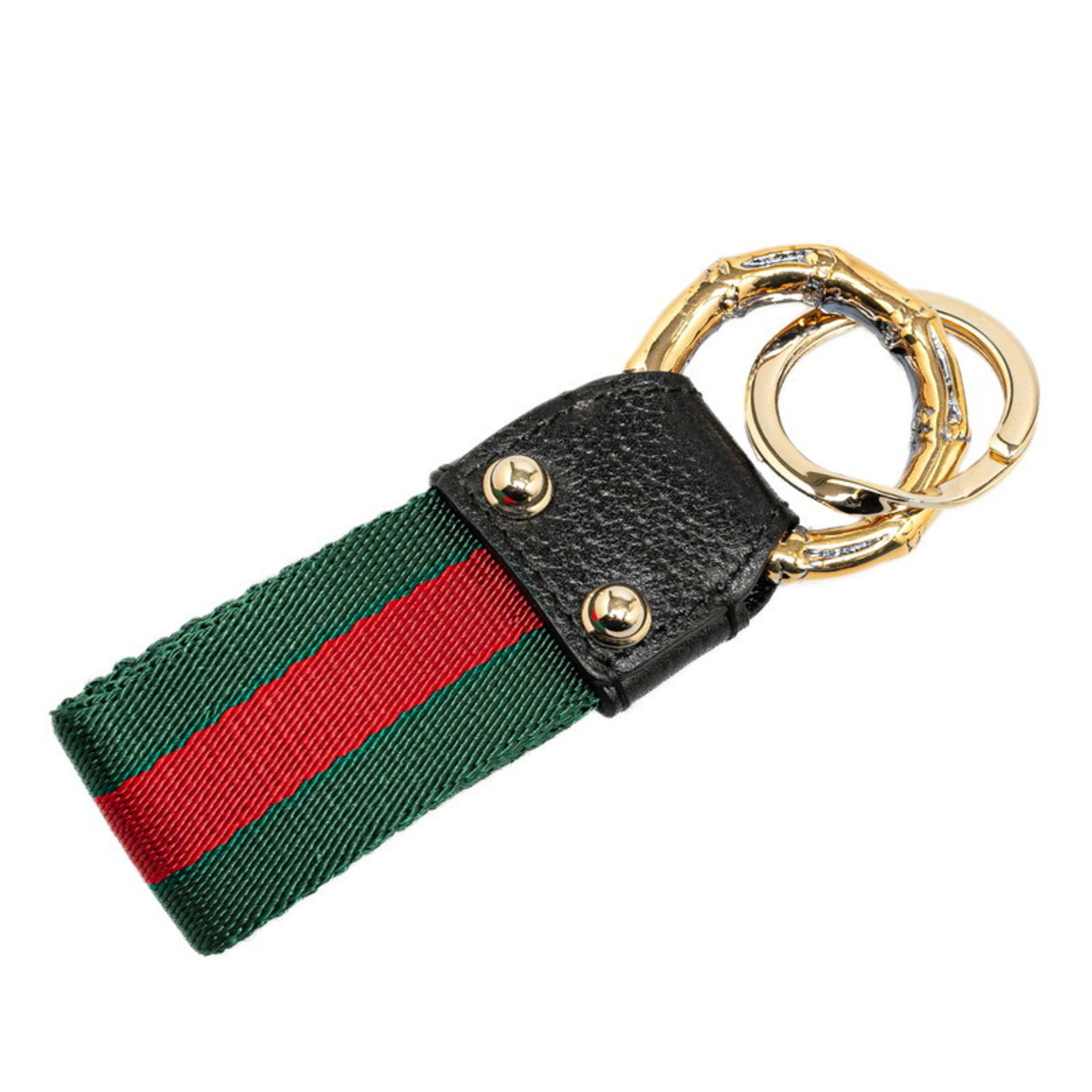 Gucci Sherry Line Keyring Black Red Green Gold Canvas Leather Plated Women's GUCCI