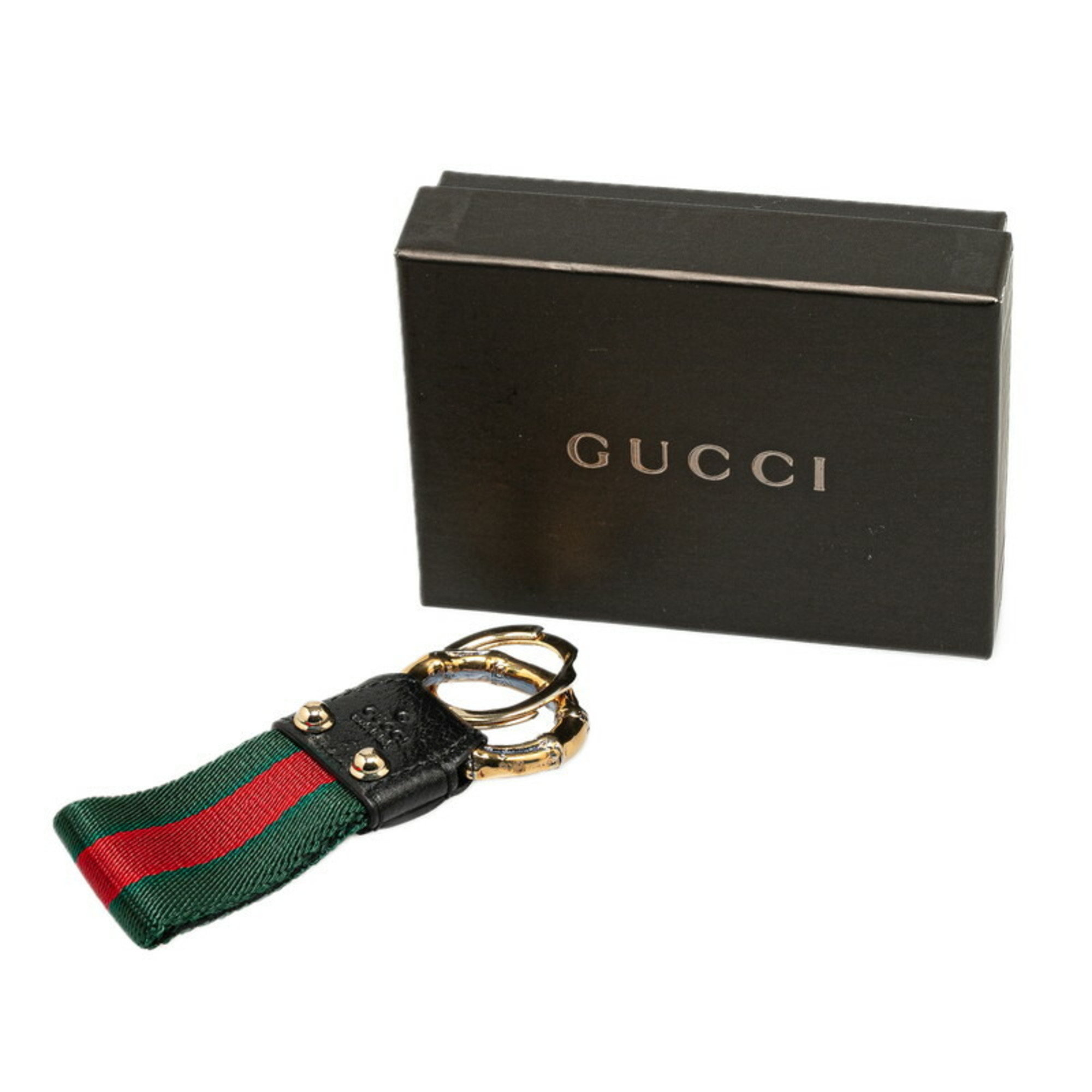 Gucci Sherry Line Keyring Black Red Green Gold Canvas Leather Plated Women's GUCCI