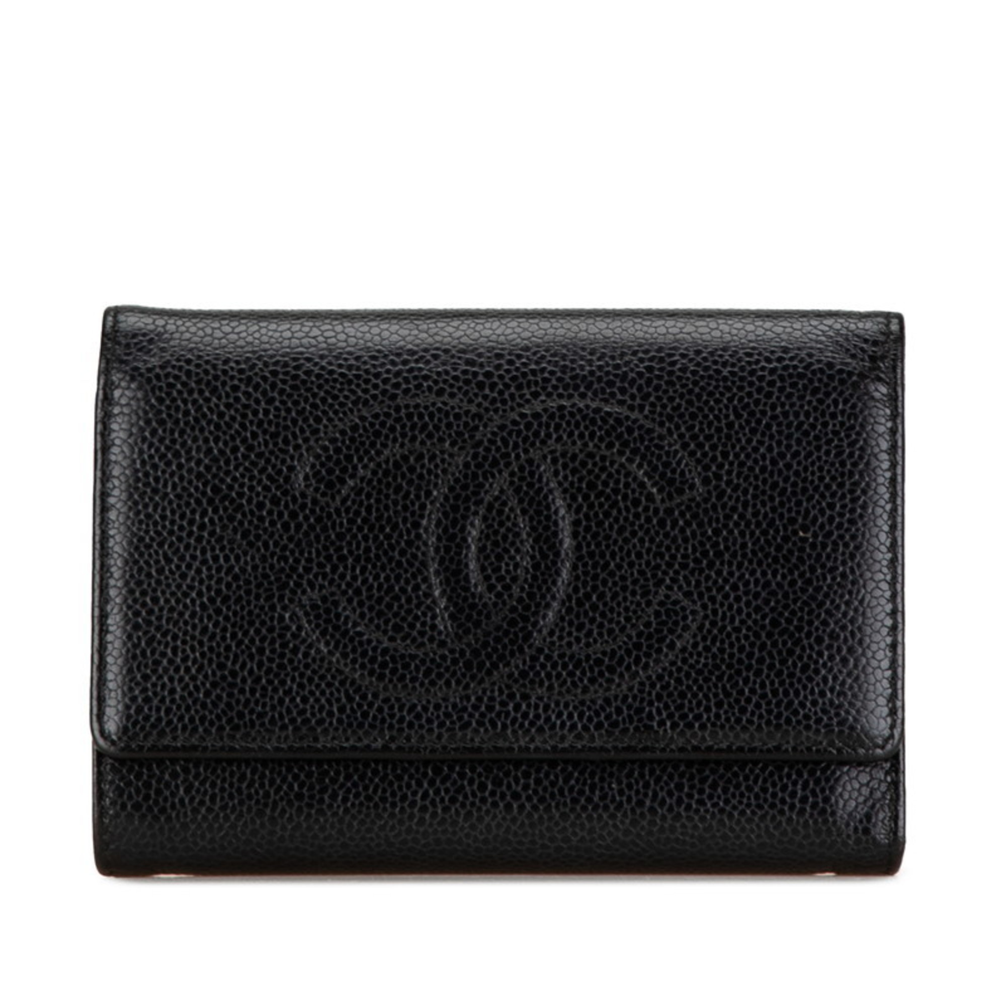 CHANEL Coco Mark Bi-fold Wallet Black Caviar Skin Women's