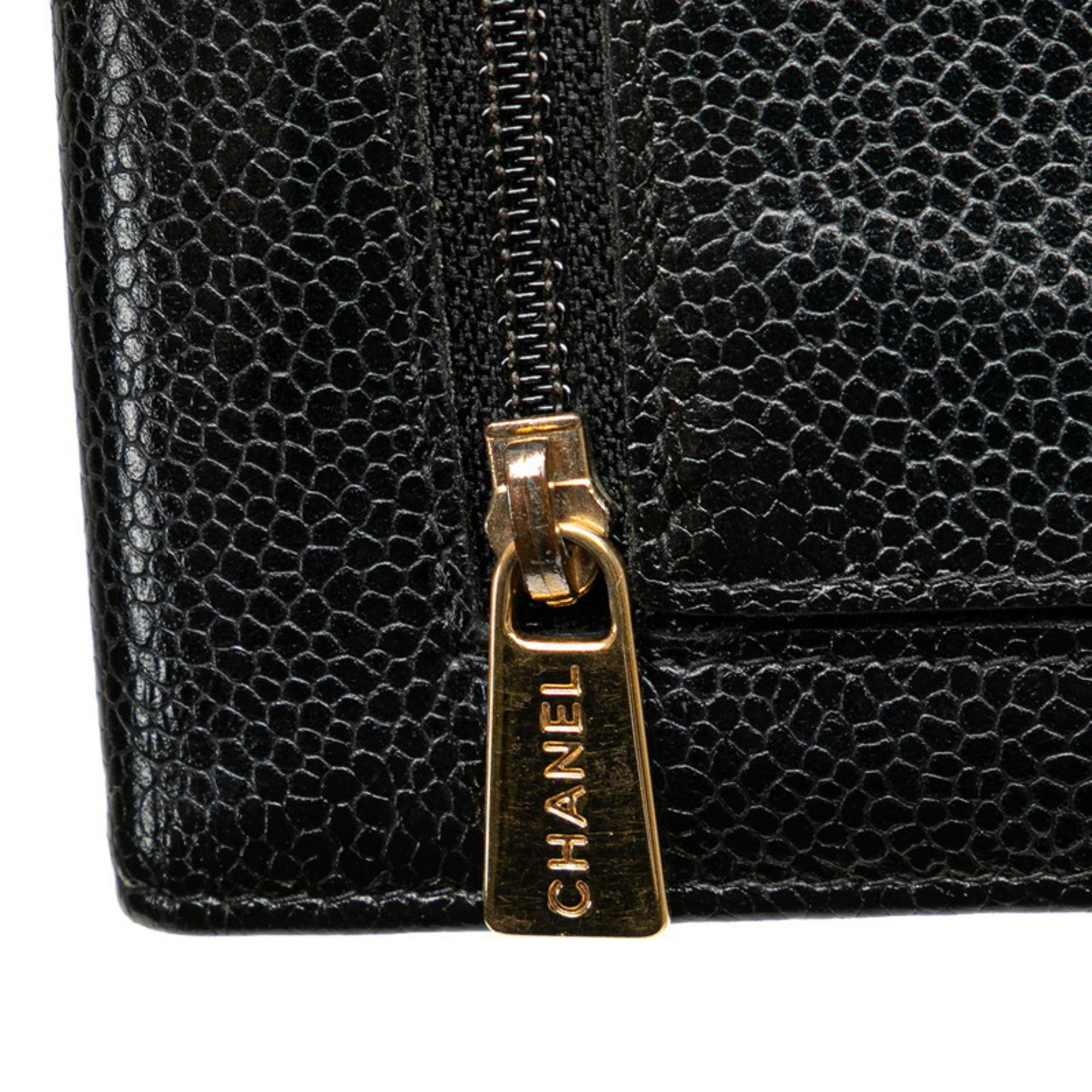 CHANEL Coco Mark Bi-fold Wallet Black Caviar Skin Women's