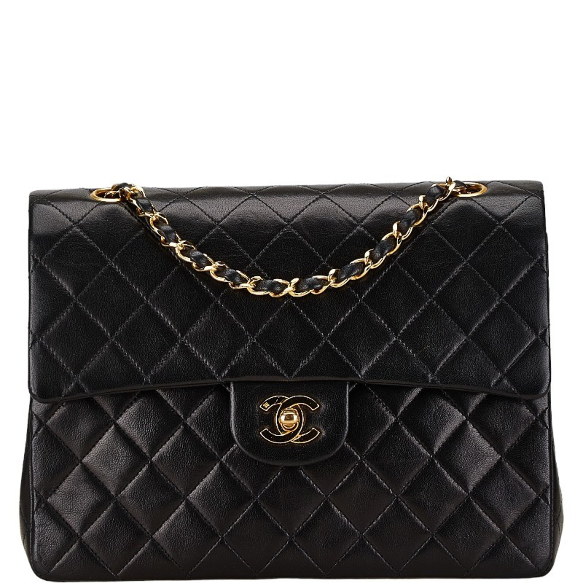 CHANEL Matelasse Double Flap Chain Shoulder Bag Black Lambskin Women's