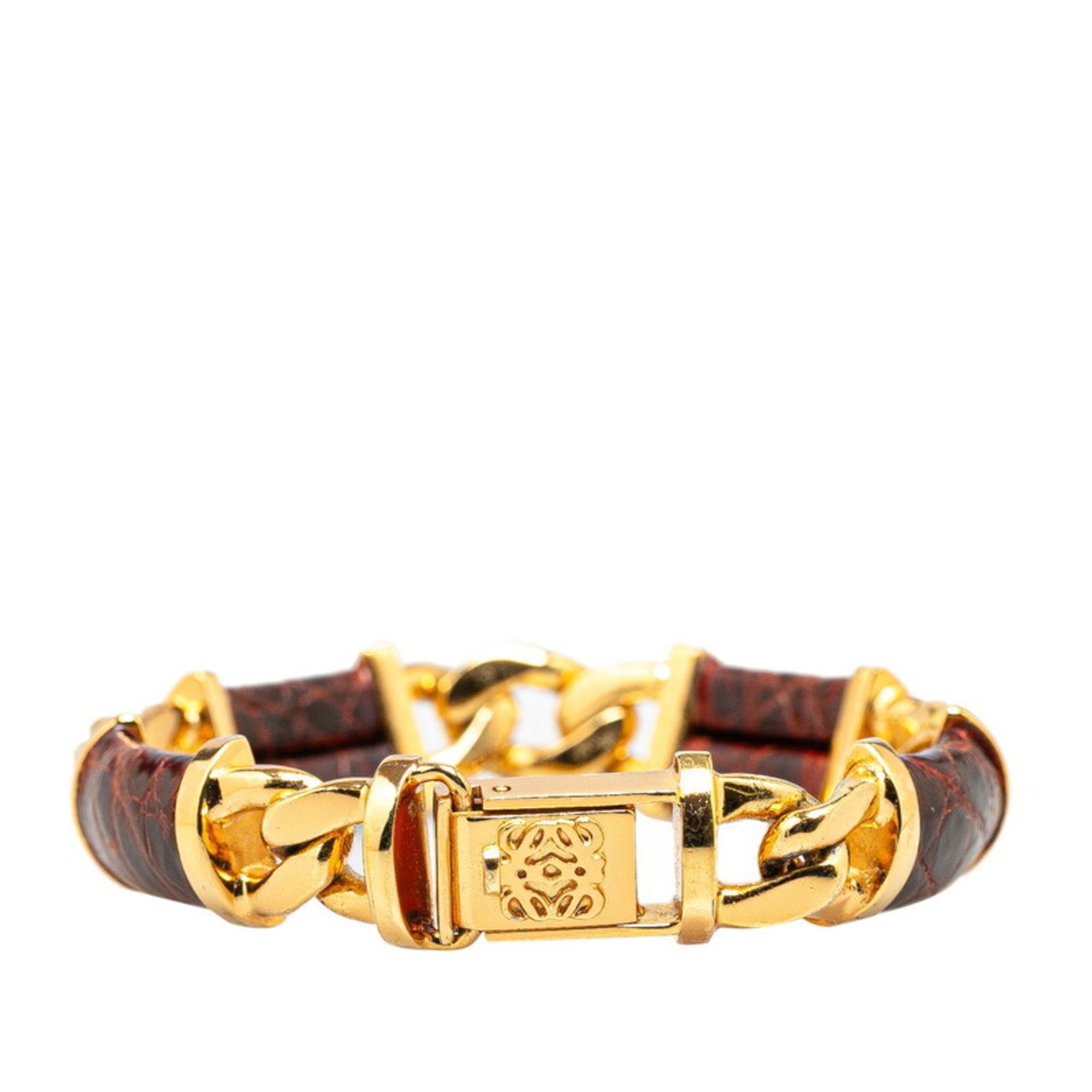 LOEWE Chain Bracelet Bangle Brown Gold Plated Leather Women's