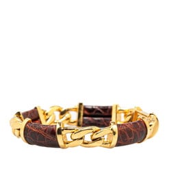 LOEWE Chain Bracelet Bangle Brown Gold Plated Leather Women's