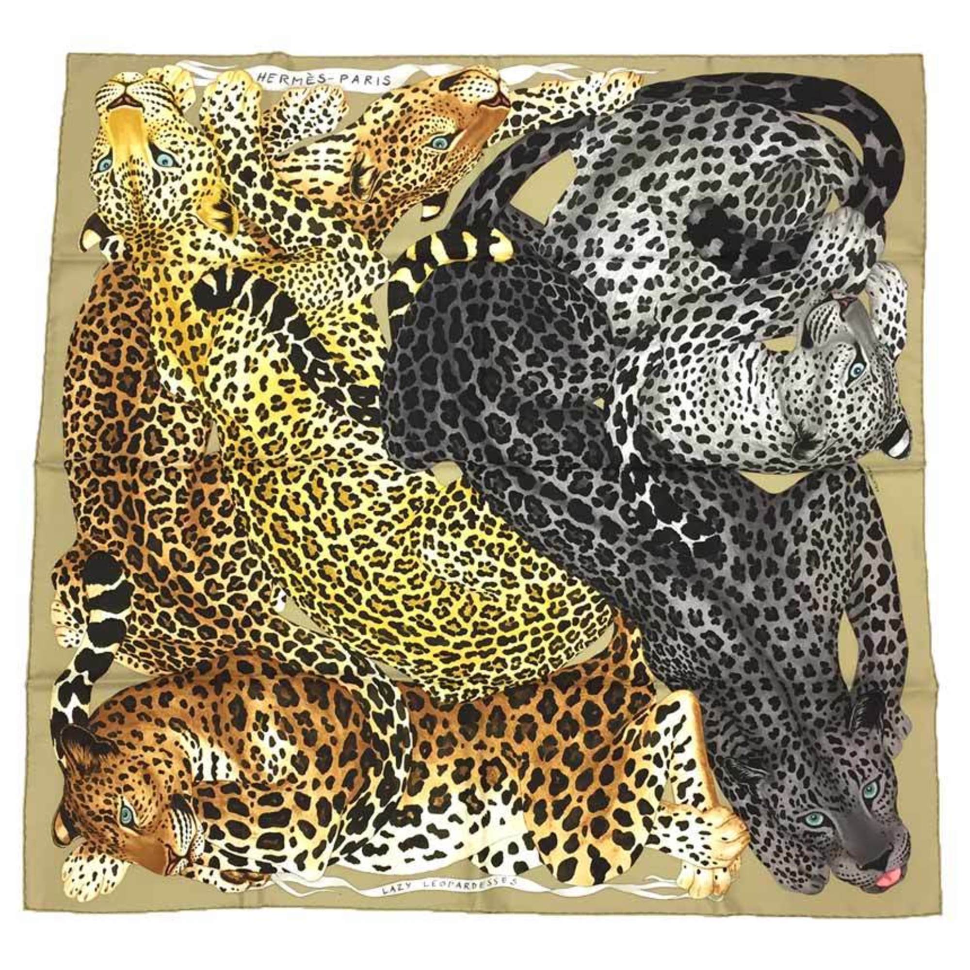 HERMES Scarf Muffler Carre 90 LAZY LEOPARDESSES 003779S 04 2021AW Leopard print Camel/Anthracite (beige/gray) 100% silk Hermes Silk scarf aq10405