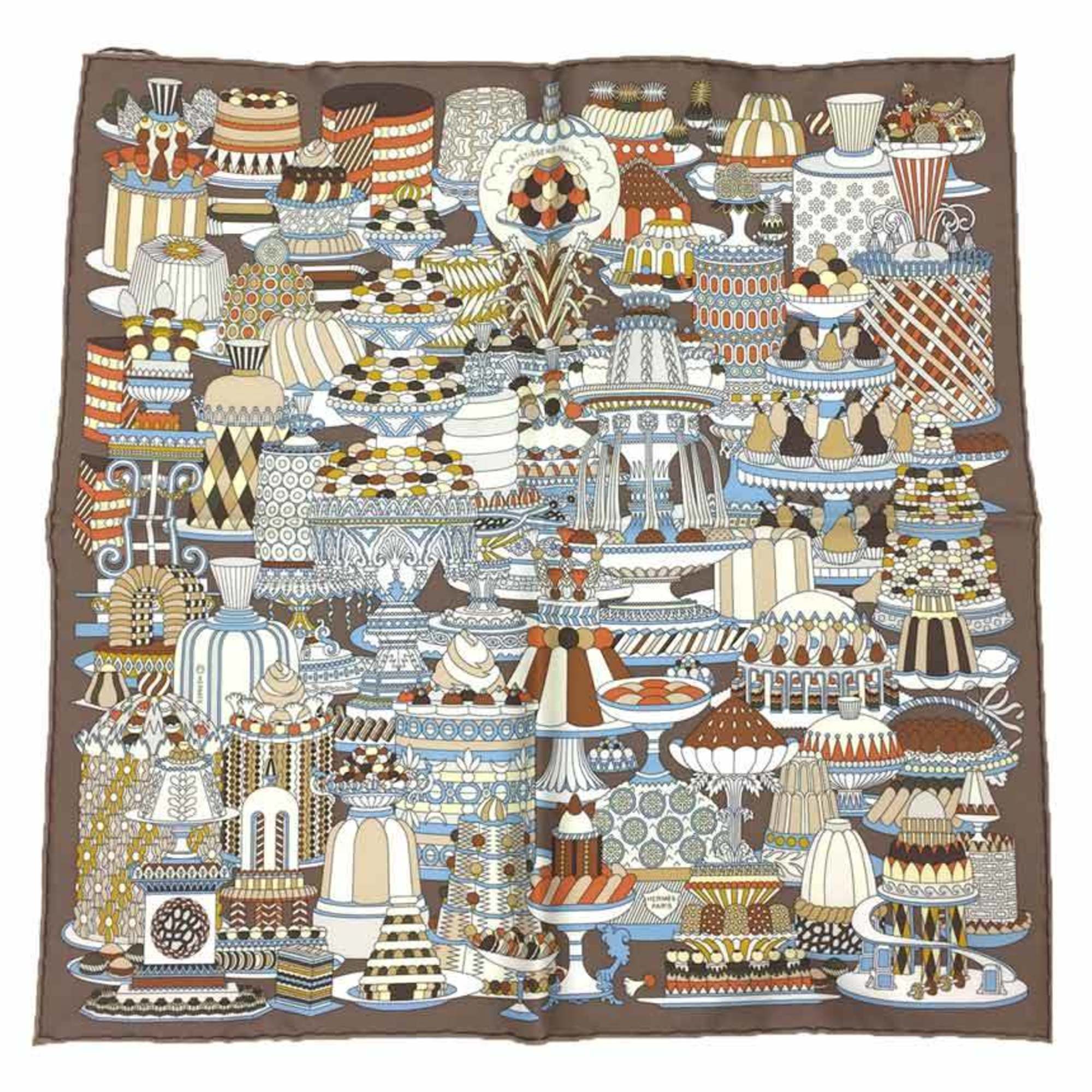 HERMES Scarf Muffler Carre 45 Gavroche La Patisserie Francaise 893336S 01 Mocha Brown MH/MARRON GLACE/CR?ME Hermes Silk aq10336