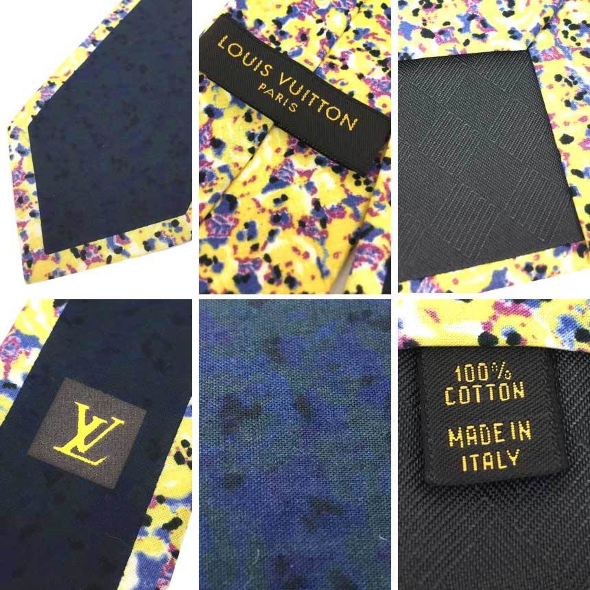 LOUIS VUITTON Necktie Narrow tie Navy x Yellow 100% cotton Men's aq10303