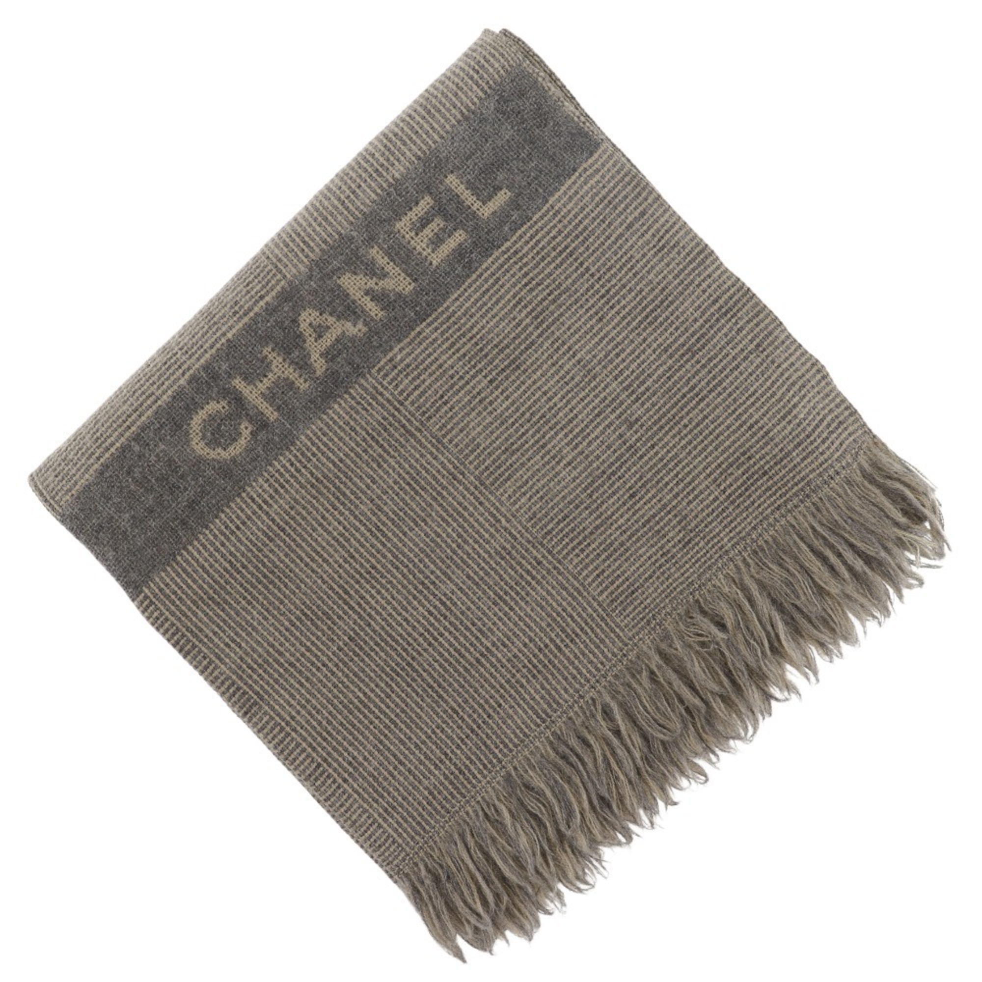 CHANEL scarf wool grey/beige logo unisex