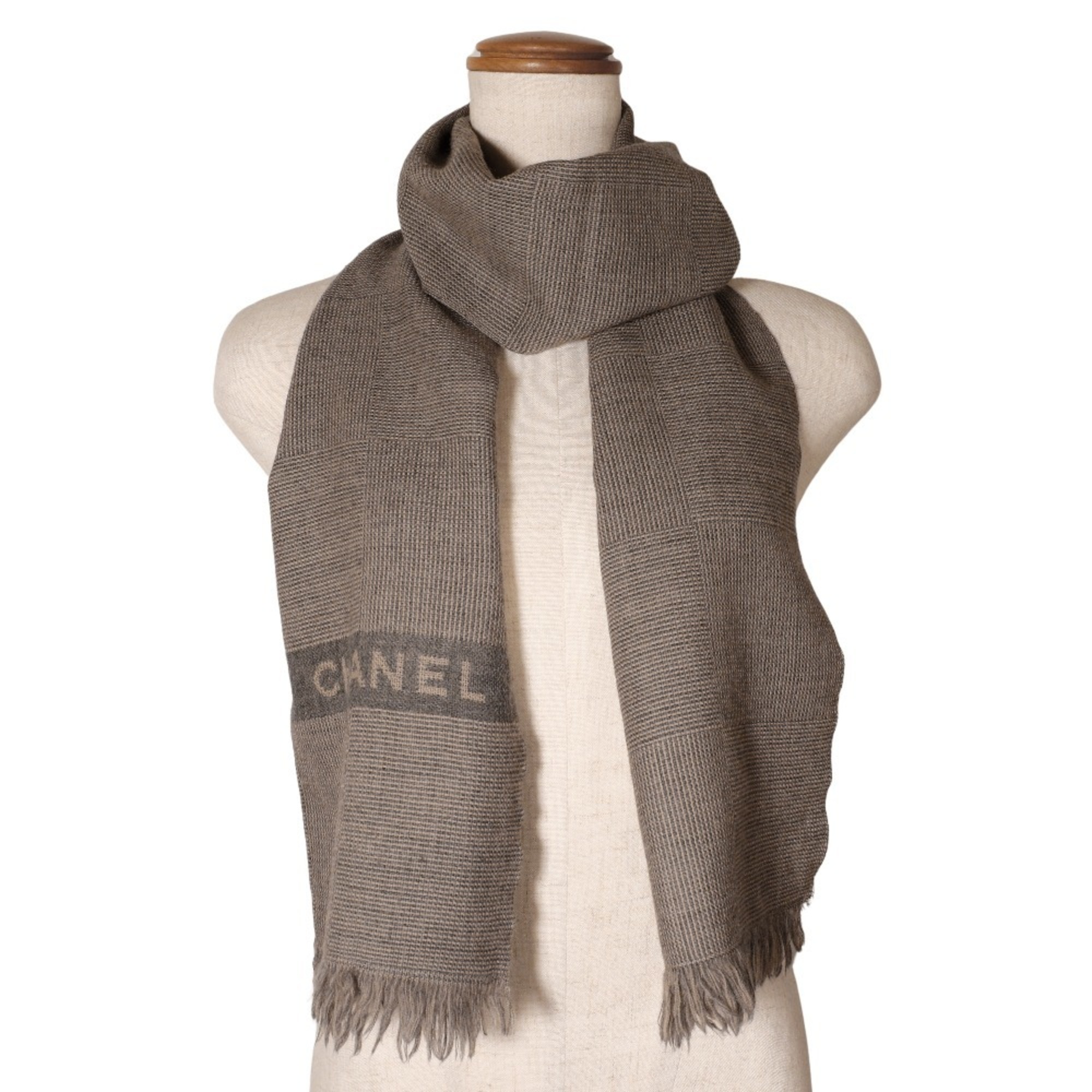 CHANEL scarf wool grey/beige logo unisex