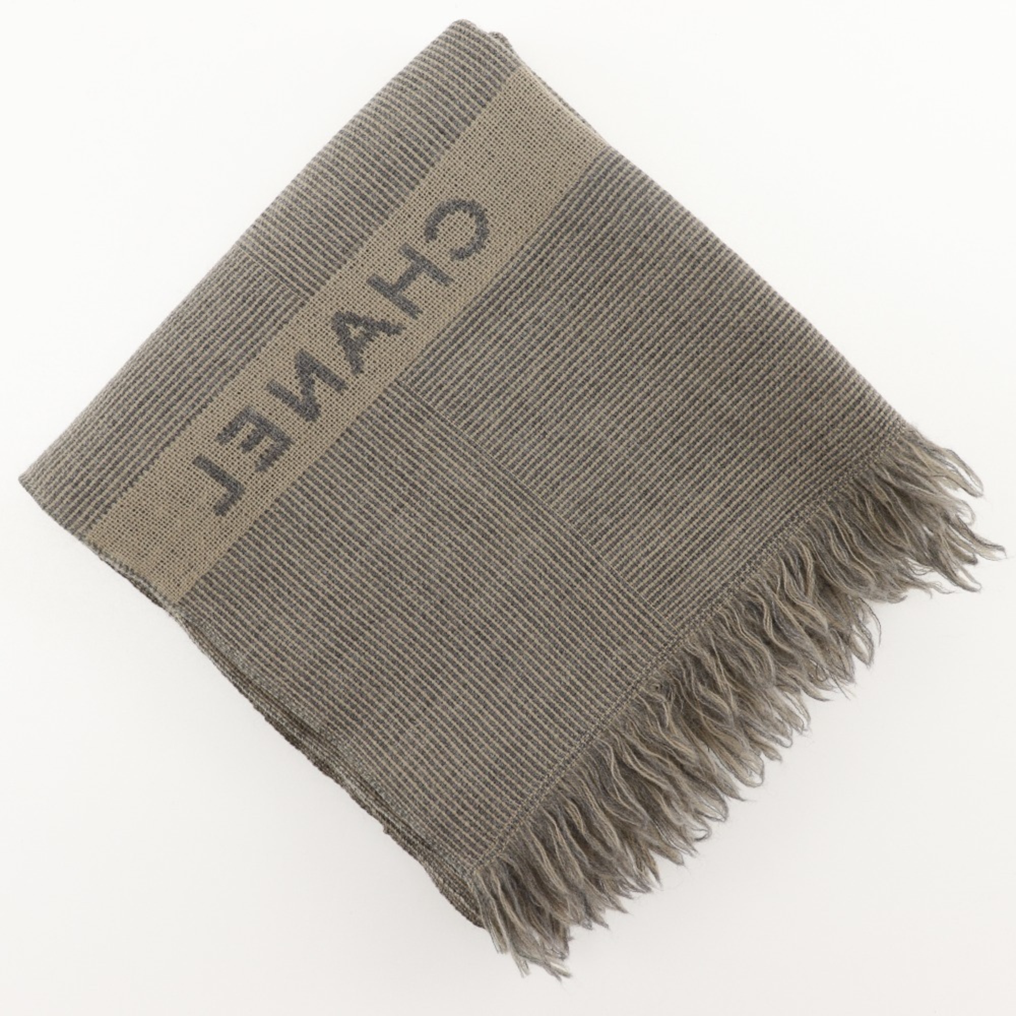 CHANEL scarf wool grey/beige logo unisex