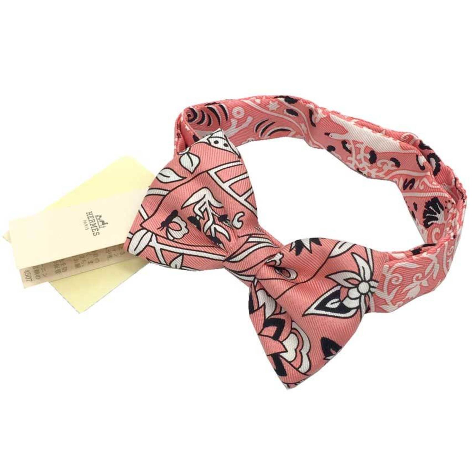 HERMES NOEUD PAPILLON FLEURS ET PAPILLONS DE TISSU Flowering Woven Bow Tie Choker Bracelet Pink ROSEMALABAR/NOIR/BLANC 100% Silk Preserved aq10475