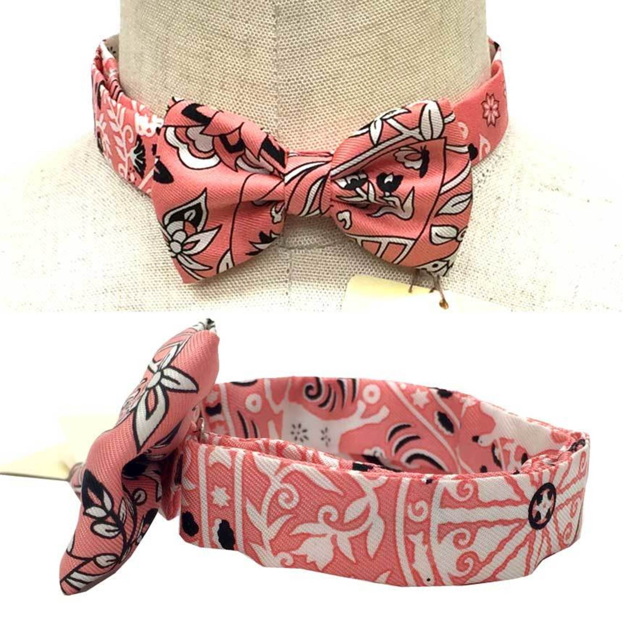 HERMES NOEUD PAPILLON FLEURS ET PAPILLONS DE TISSU Flowering Woven Bow Tie Choker Bracelet Pink ROSEMALABAR/NOIR/BLANC 100% Silk Preserved aq10475