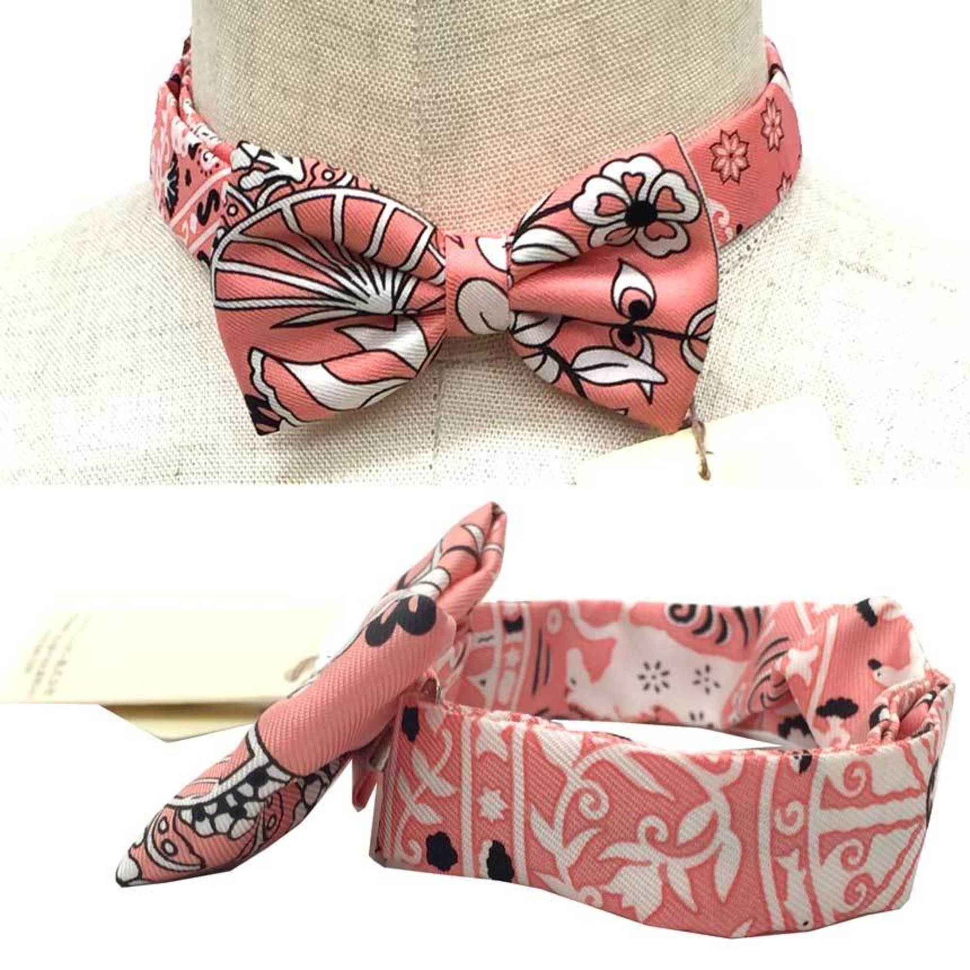 HERMES NOEUD PAPILLON FLEURS ET PAPILLONS DE TISSU Flowering Woven Bow Tie Choker Bracelet Pink ROSEMALABAR/NOIR/BLANC 100% Silk Preserved aq10476