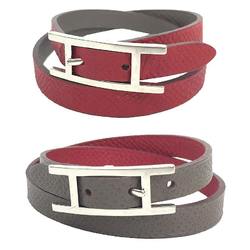 Hermes HERMES Leather Bracelet Behapi Double Tour Etoupe Red Women's aq10368