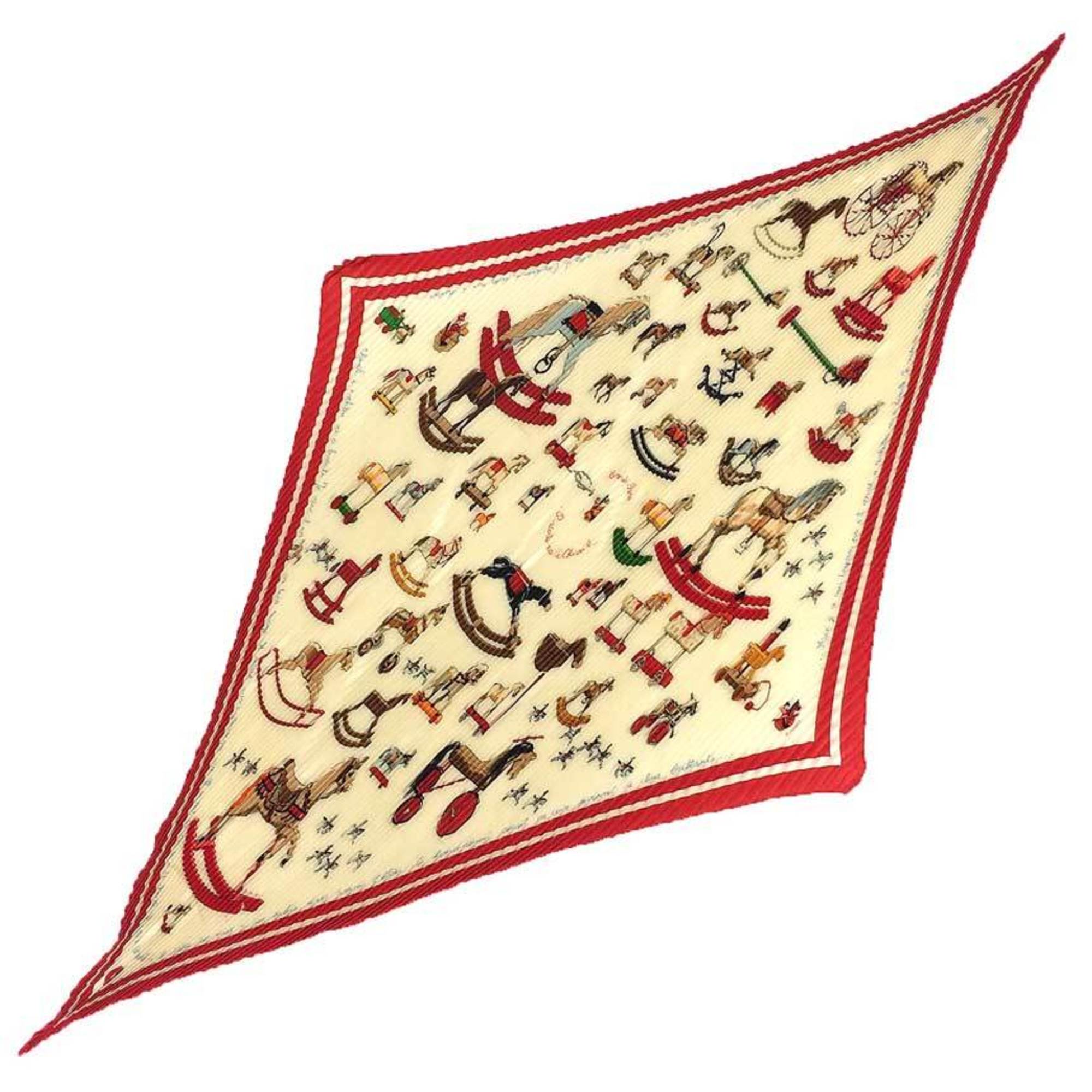 HERMES Pleated Scarf Carré 90 Raconte moi le cheval (Tell me about the horse) Ivory x Red 100% Silk Hermes Muffler aq10429