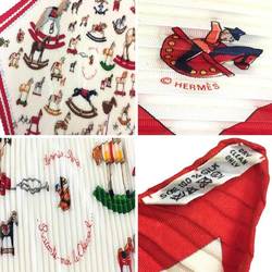 HERMES Pleated Scarf Carré 90 Raconte moi le cheval (Tell me about the horse) Ivory x Red 100% Silk Hermes Muffler aq10429