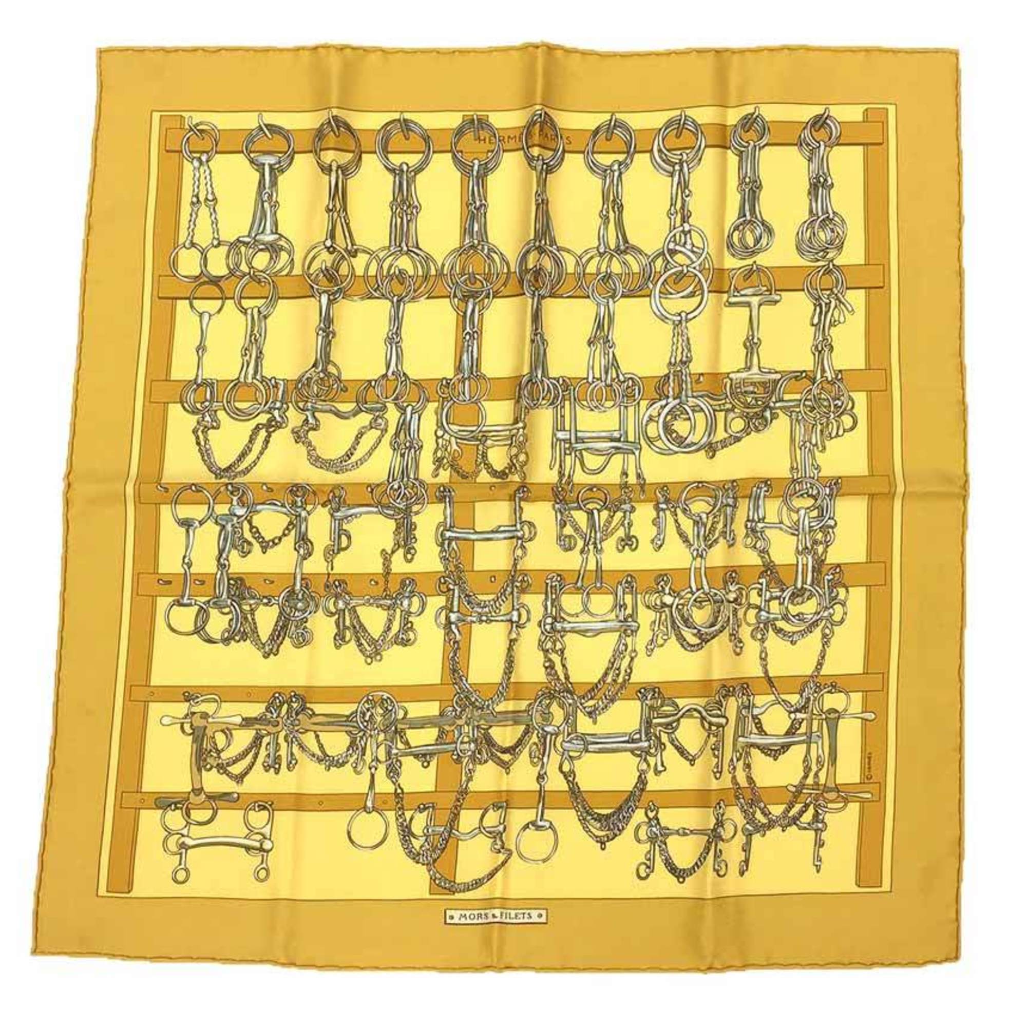 HERMES Hermes Scarf Muffler Carre 45 Petit MORS & FILETS (Horse Tack and Bits) Yellow 100% Silk aq10393