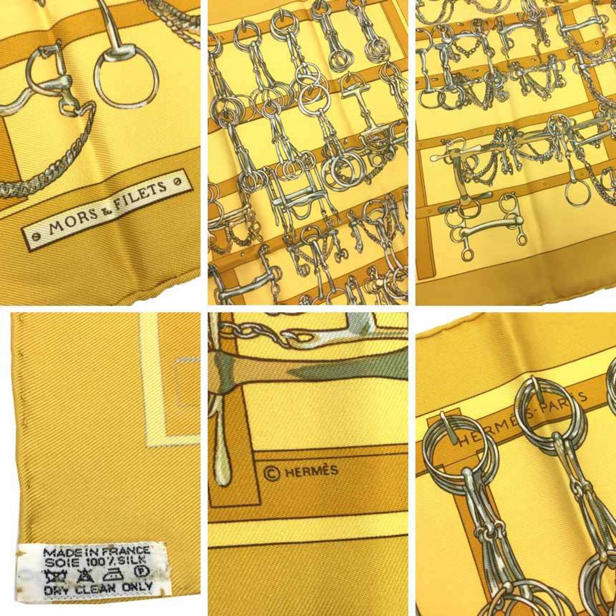 HERMES Hermes Scarf Muffler Carre 45 Petit MORS & FILETS (Horse Tack and Bits) Yellow 100% Silk aq10393