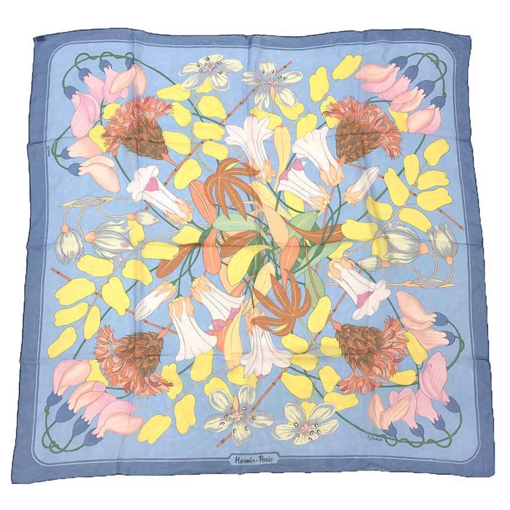 HERMES Hermes Scarf Muffler Carre 90 Flora Graeca Greek Flower 1983 Niki Goulandris Pattern Blue Silk Muslin 100% aq10389