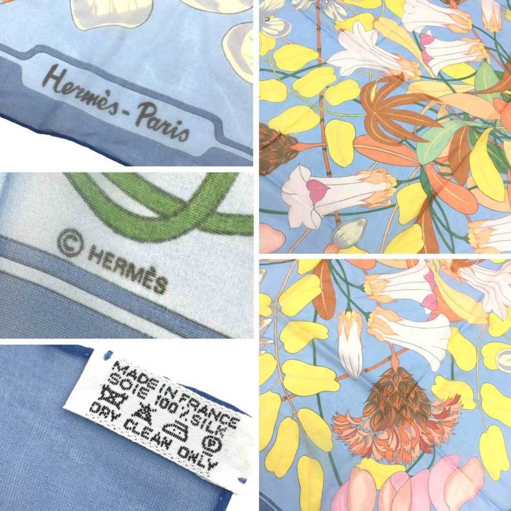 HERMES Hermes Scarf Muffler Carre 90 Flora Graeca Greek Flower 1983 Niki Goulandris Pattern Blue Silk Muslin 100% aq10389