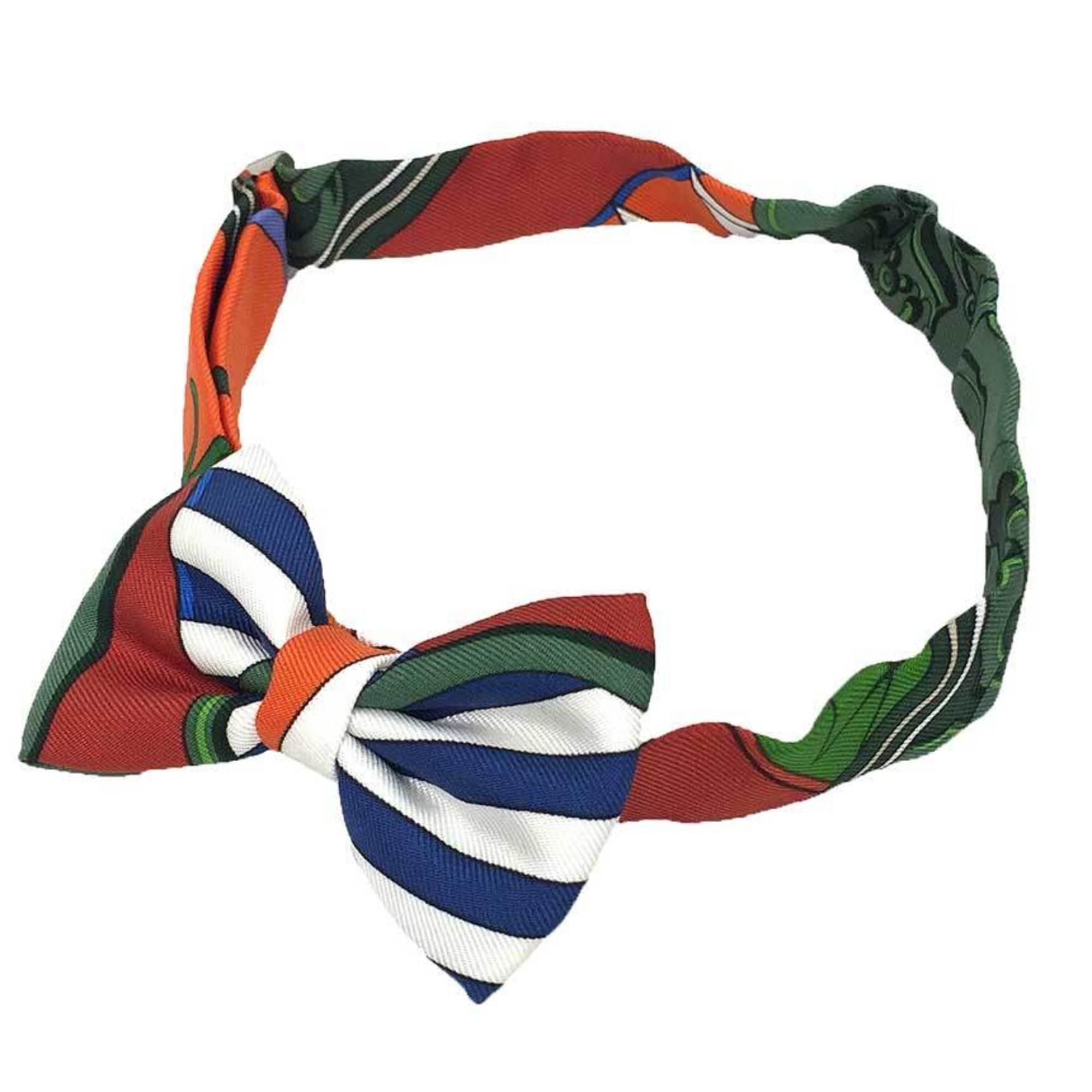 HERMES NOEUD PAPILLON Flots, Fleurs et Frontaux (award ribbons and forehead leather) Bow tie, choker, bracelet, khaki x orange, silk, men's, women's aq10466