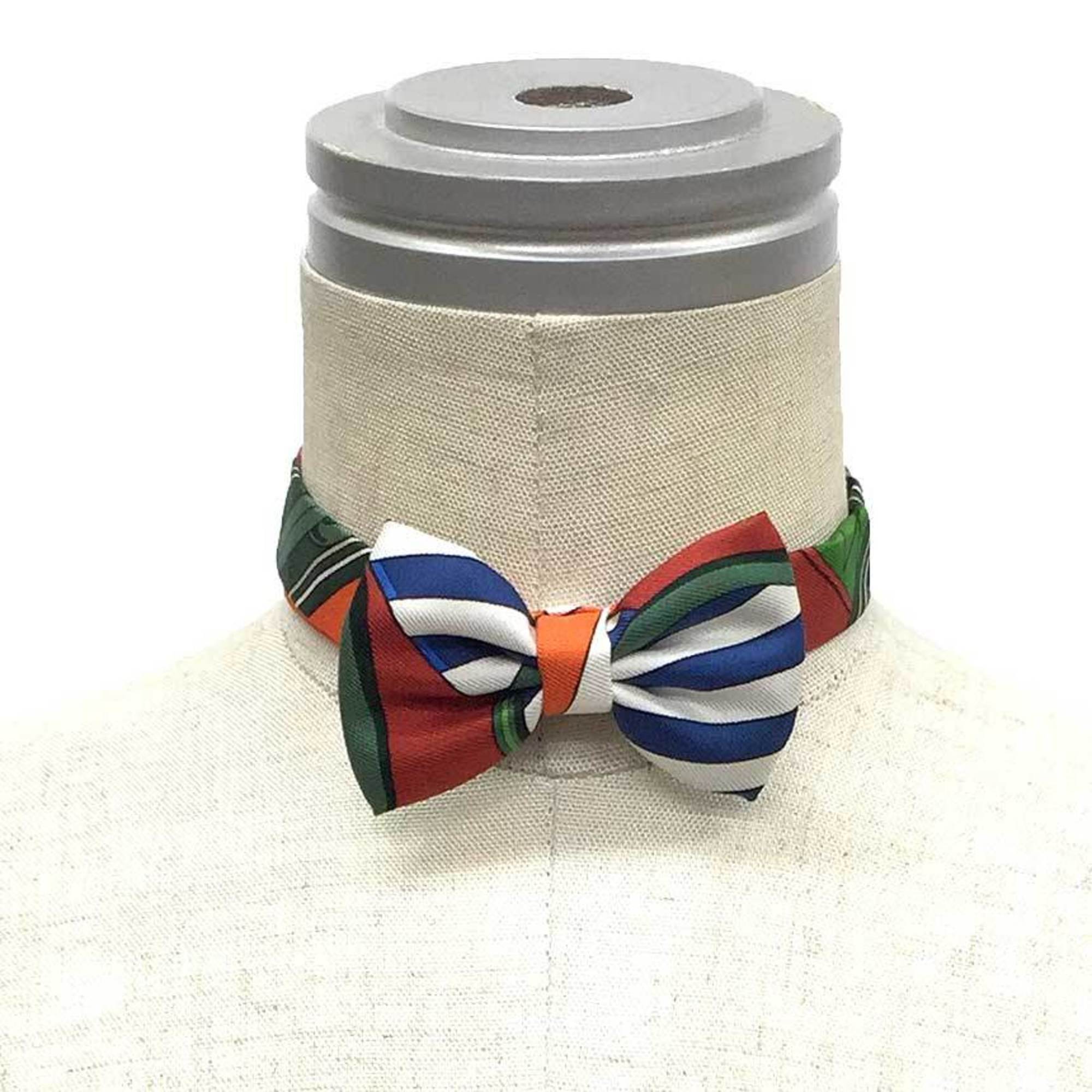 HERMES NOEUD PAPILLON Flots, Fleurs et Frontaux (award ribbons and forehead leather) Bow tie, choker, bracelet, khaki x orange, silk, men's, women's aq10466