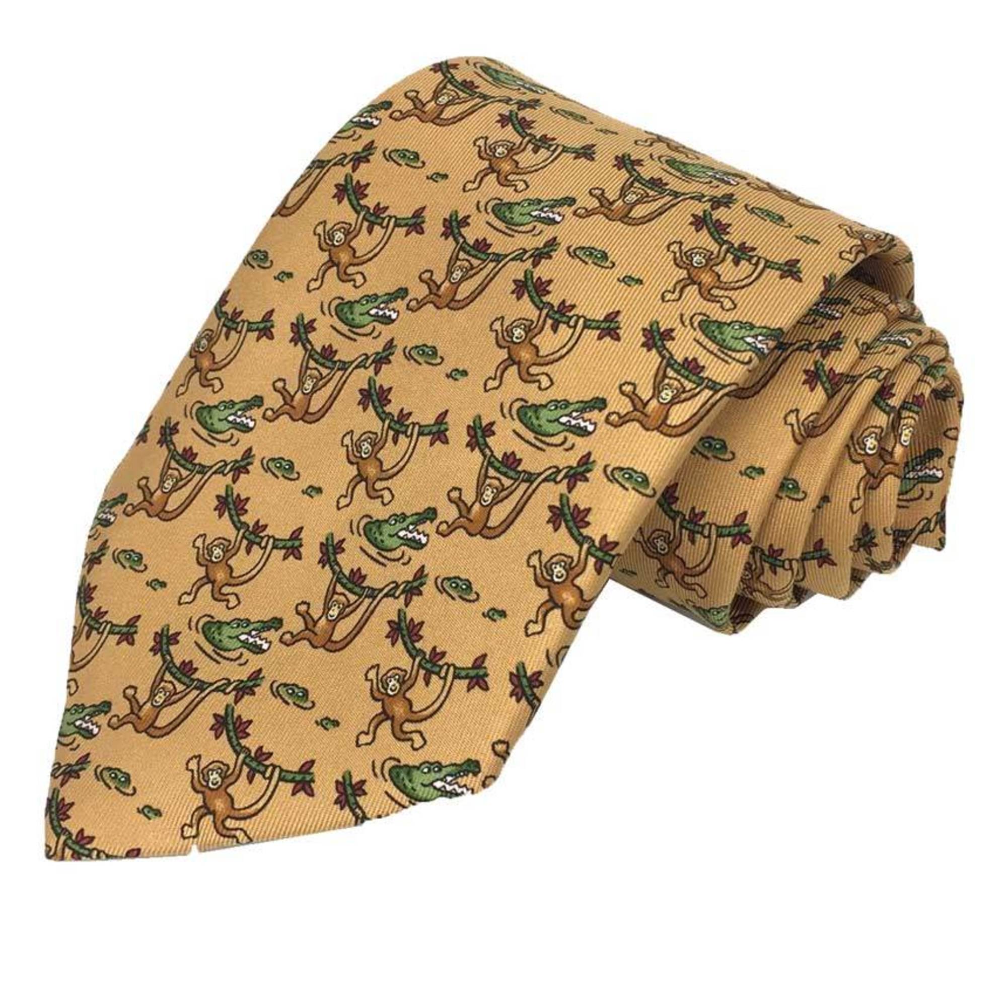 Hermes HERMES Necktie Silk Twill Tie Monkey Crocodile Light Camel Men's Small aq10376