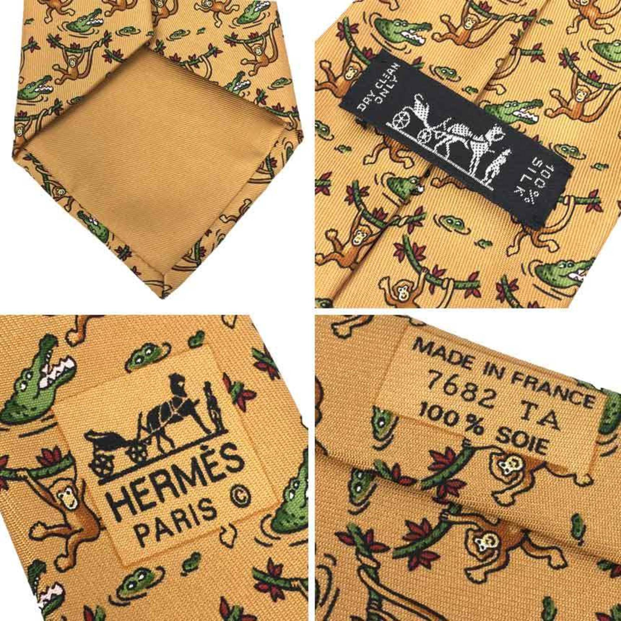 Hermes HERMES Necktie Silk Twill Tie Monkey Crocodile Light Camel Men's Small aq10376