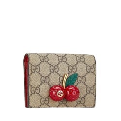 Gucci GG Supreme Cherry Flap Compact Wallet 476050 Beige Red PVC Leather Women's GUCCI