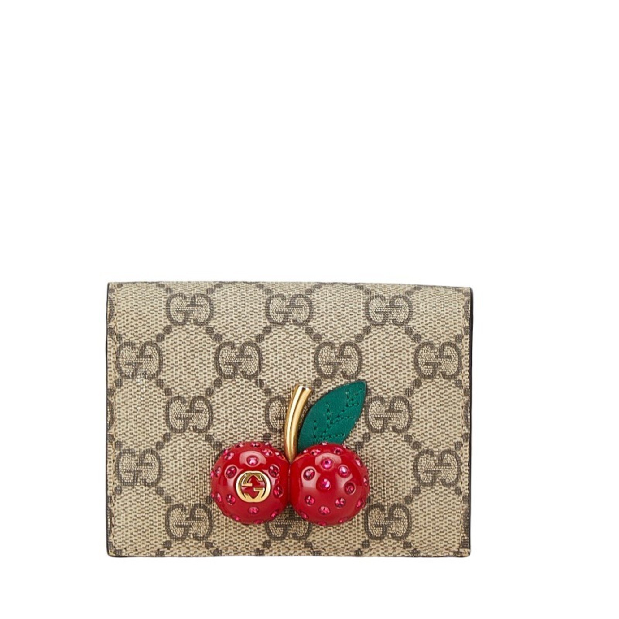 Gucci GG Supreme Cherry Flap Compact Wallet 476050 Beige Red PVC Leather Women's GUCCI