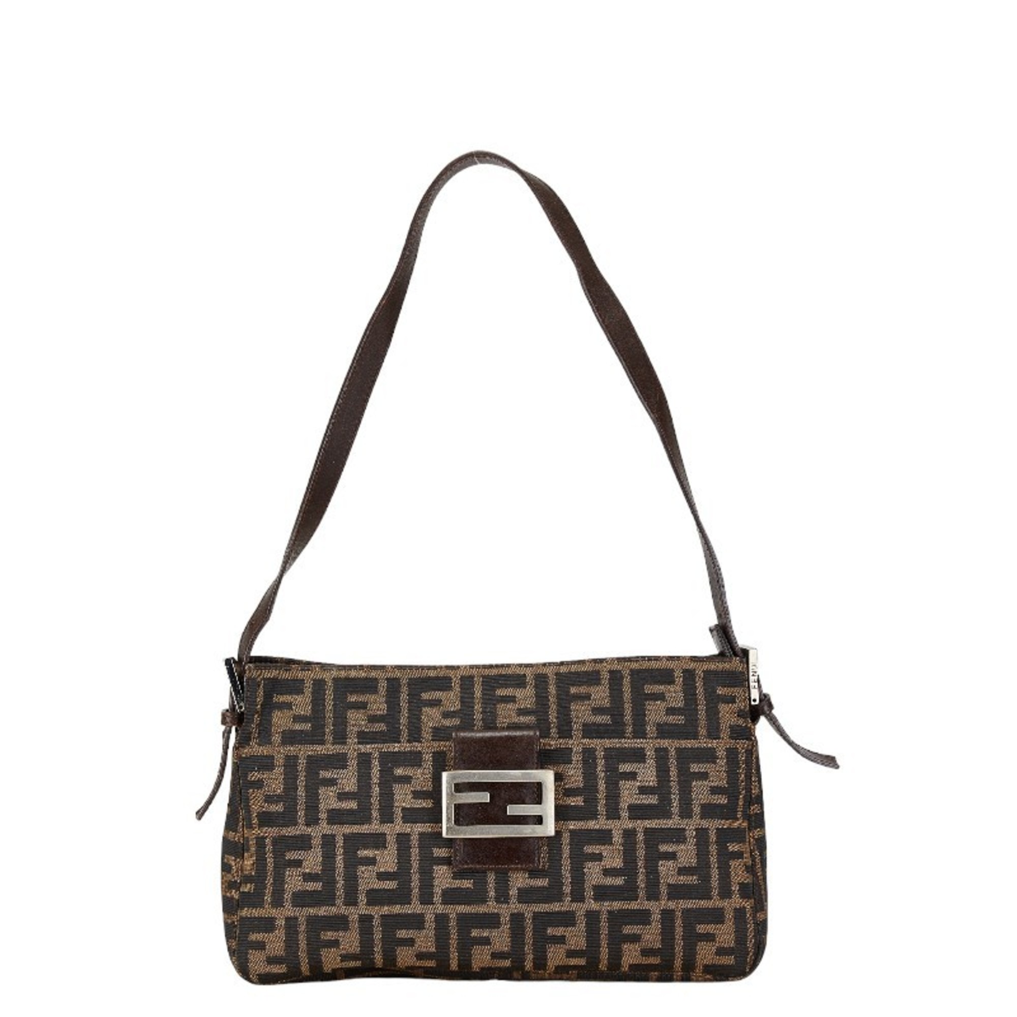 FENDI ZUCCA BAG BROWN CANVAS LEATHER WOMEN'S