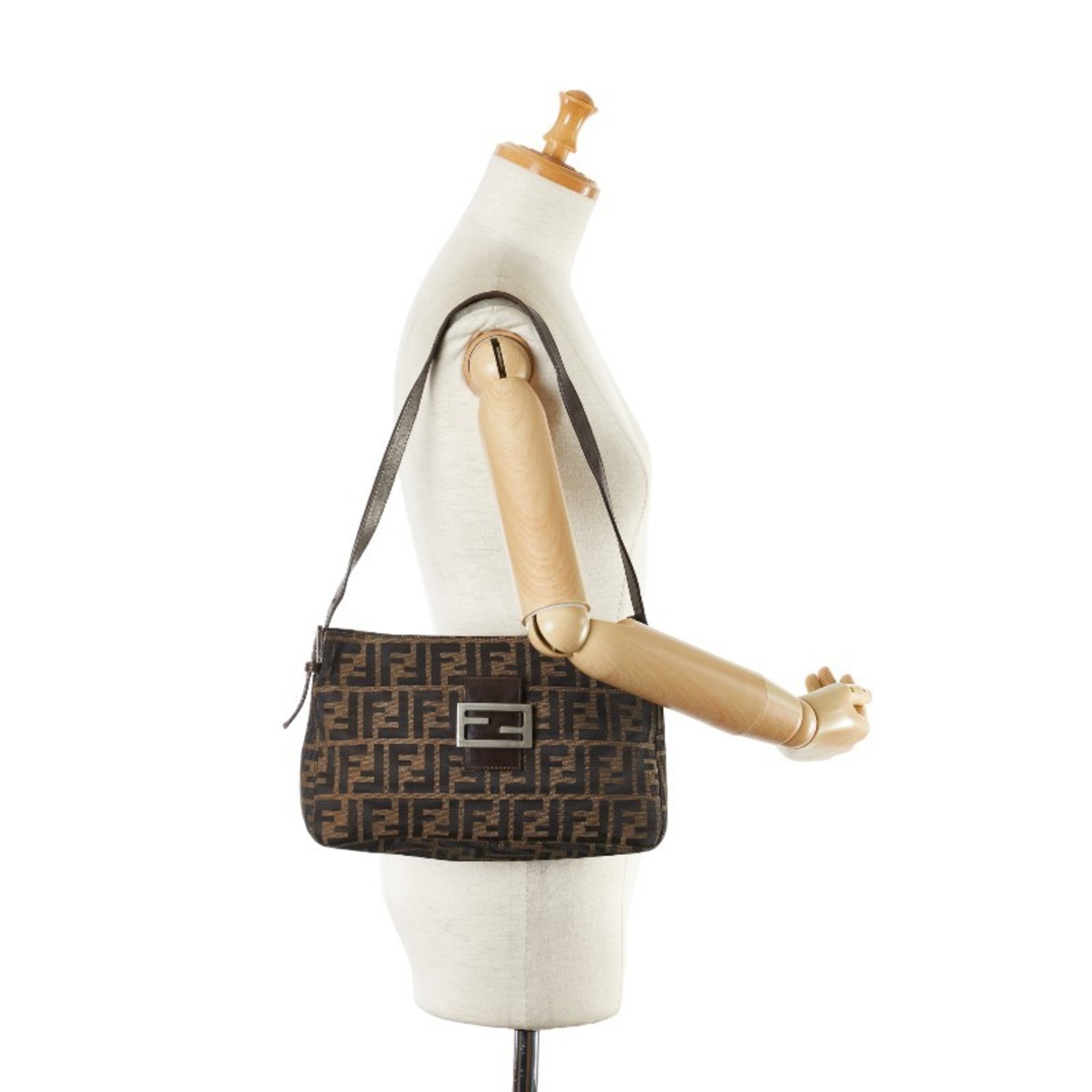 FENDI ZUCCA BAG BROWN CANVAS LEATHER WOMEN'S