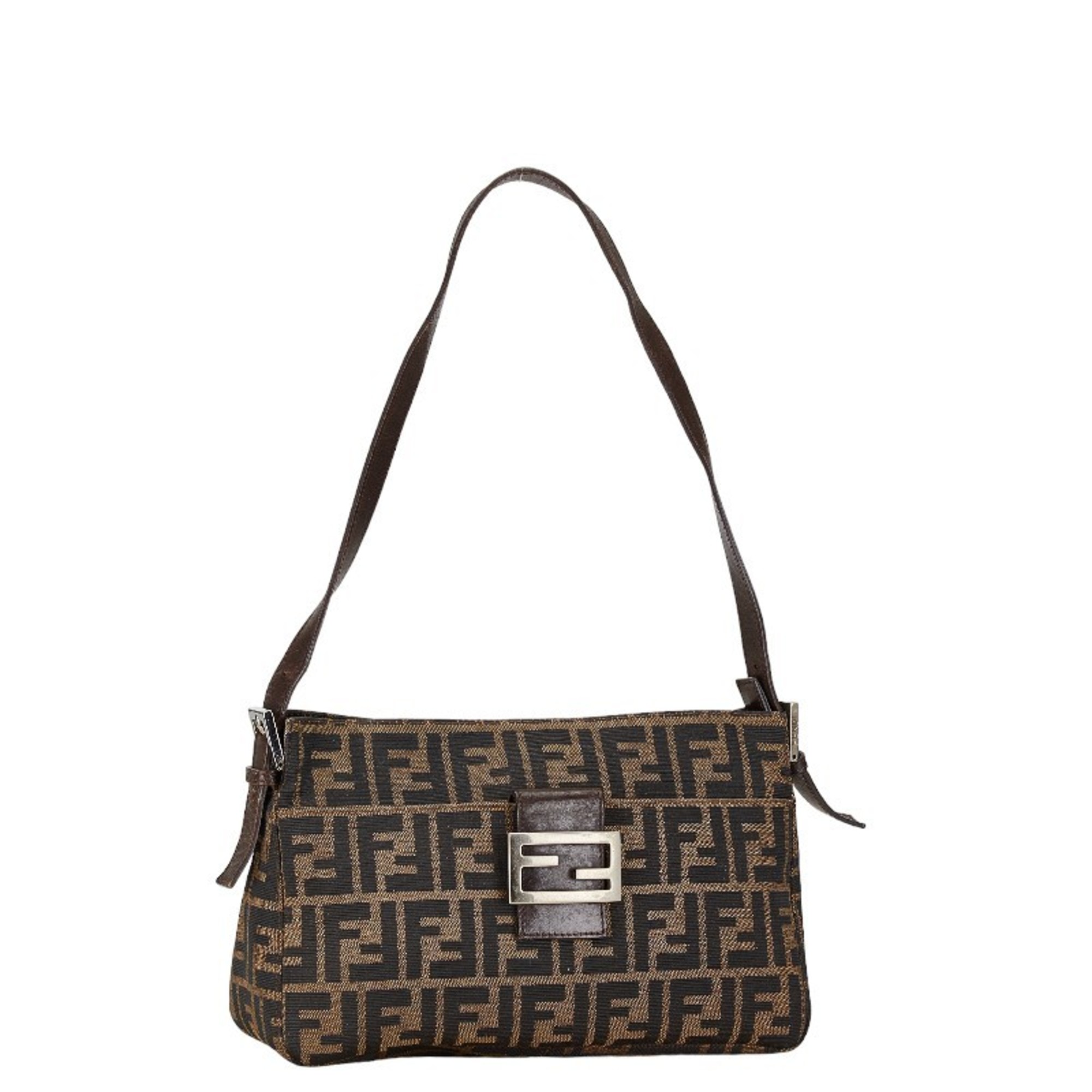 FENDI ZUCCA BAG BROWN CANVAS LEATHER WOMEN'S