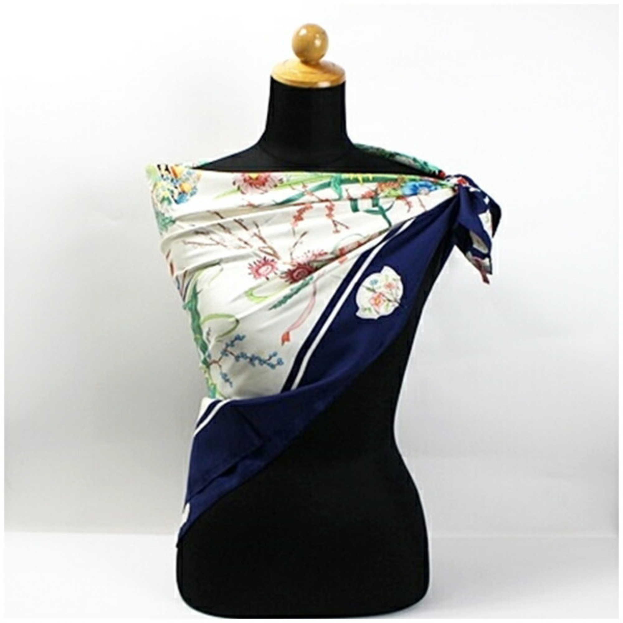 Gucci Silk Scarf Muffler White x Navy Floral Pattern GUCCI Women's