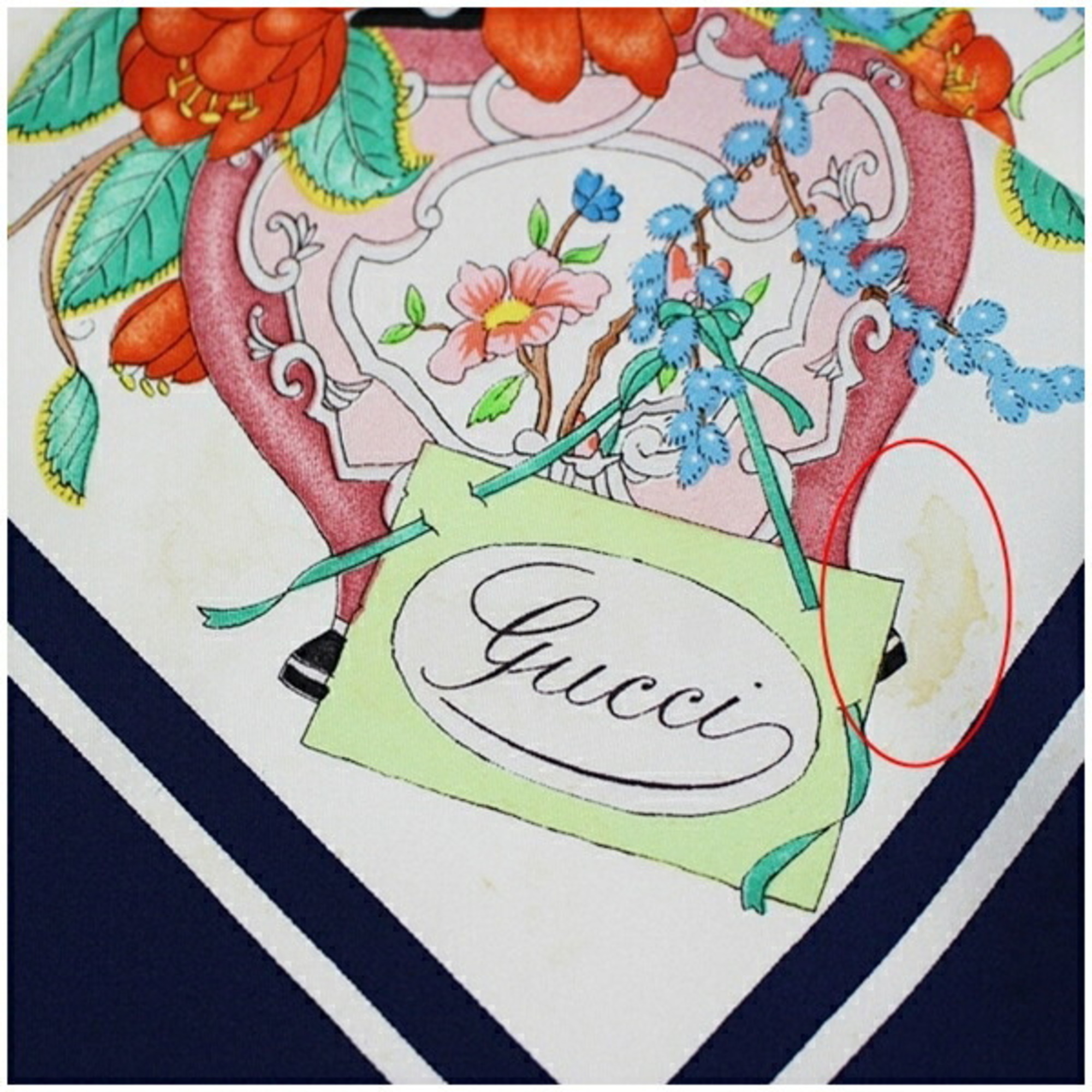 Gucci Silk Scarf Muffler White x Navy Floral Pattern GUCCI Women's