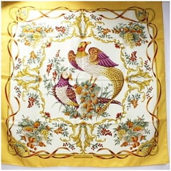 Salvatore Ferragamo Silk Scarf Muffler Bird and Fruit Pattern Ivory x Yellow FerragamoI Women's Paper