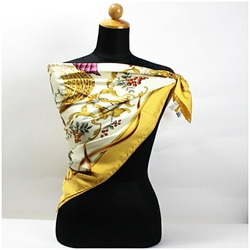 Salvatore Ferragamo Silk Scarf Muffler Bird and Fruit Pattern Ivory x Yellow FerragamoI Women's Paper