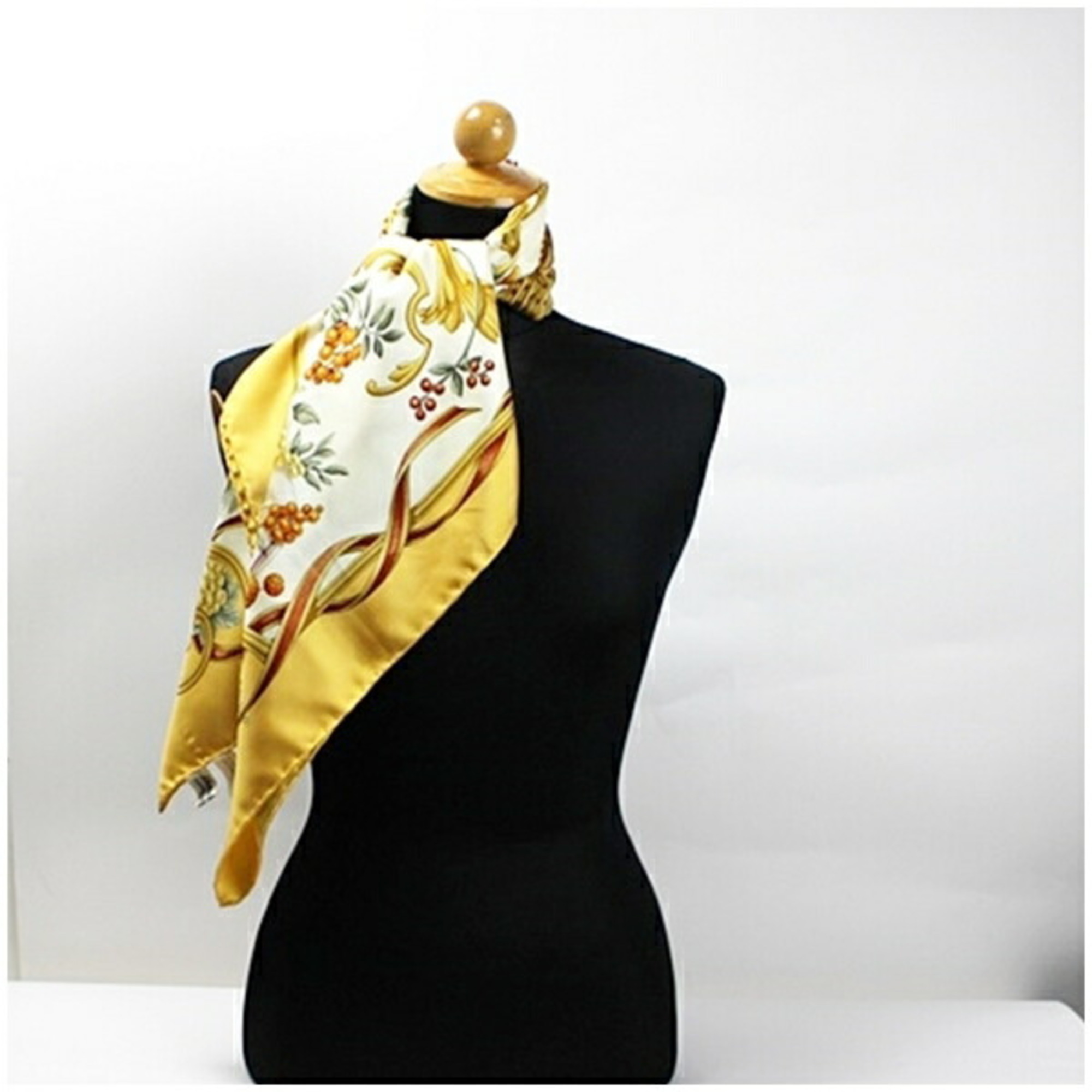 Salvatore Ferragamo Silk Scarf Muffler Bird and Fruit Pattern Ivory x Yellow FerragamoI Women's Paper