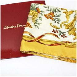 Salvatore Ferragamo Silk Scarf Muffler Bird and Fruit Pattern Ivory x Yellow FerragamoI Women's Paper